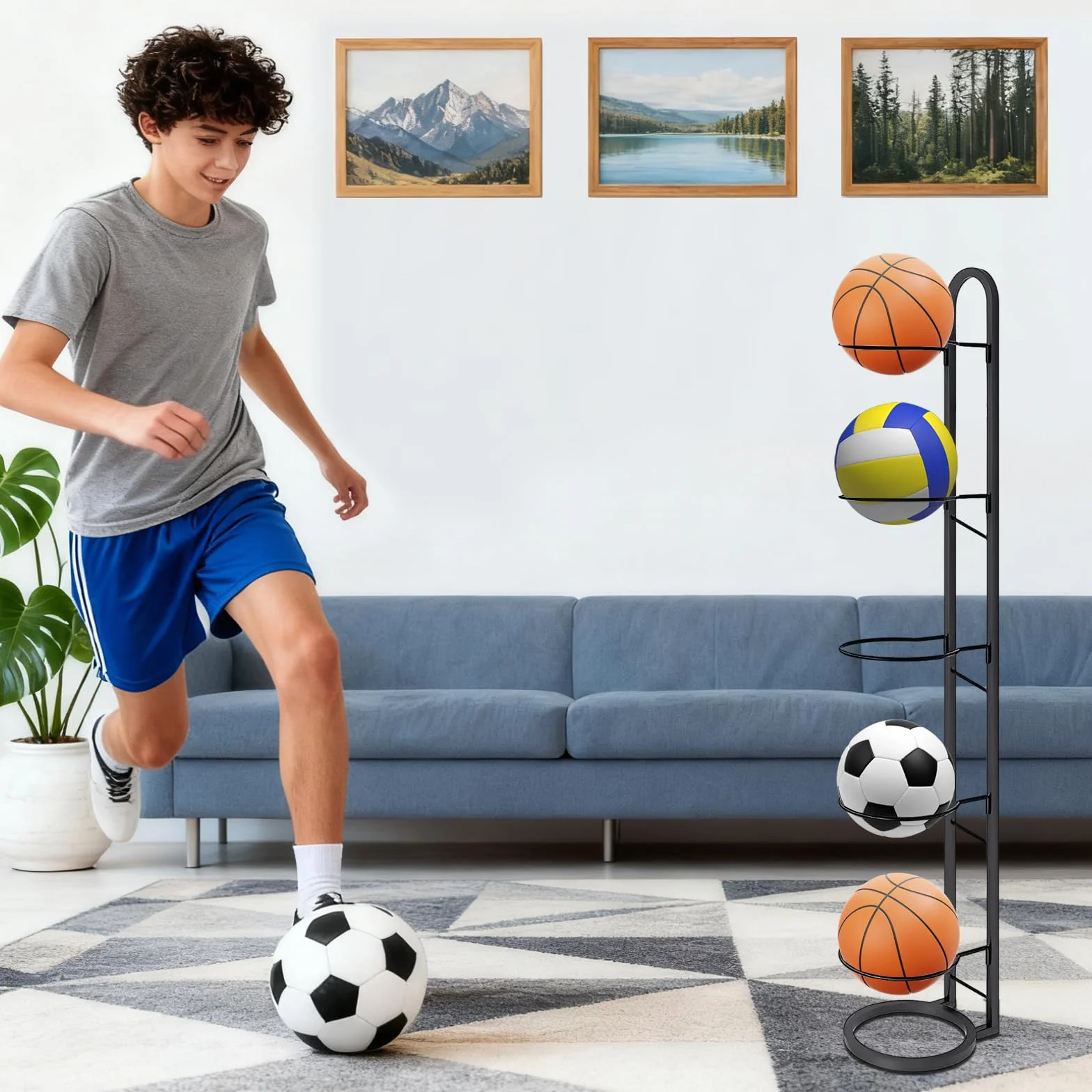 LURICO Soporte vertical para pelotas de 5 niveles, estante de almacenamiento para baloncesto, fútbol y voleibol