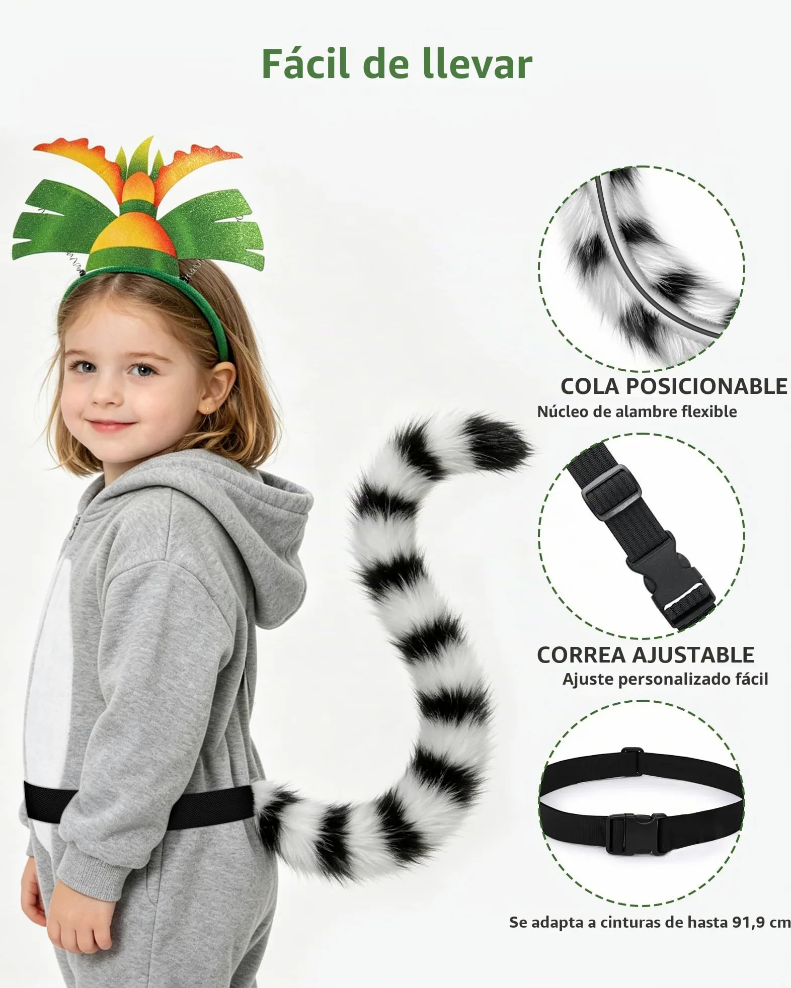 Roicaholy Juego de orejas y cola de lémur, accesorio de cosplay de lémur, cola de piel sintética esponjosa, diadema de orejas de animales para fiesta de Halloween