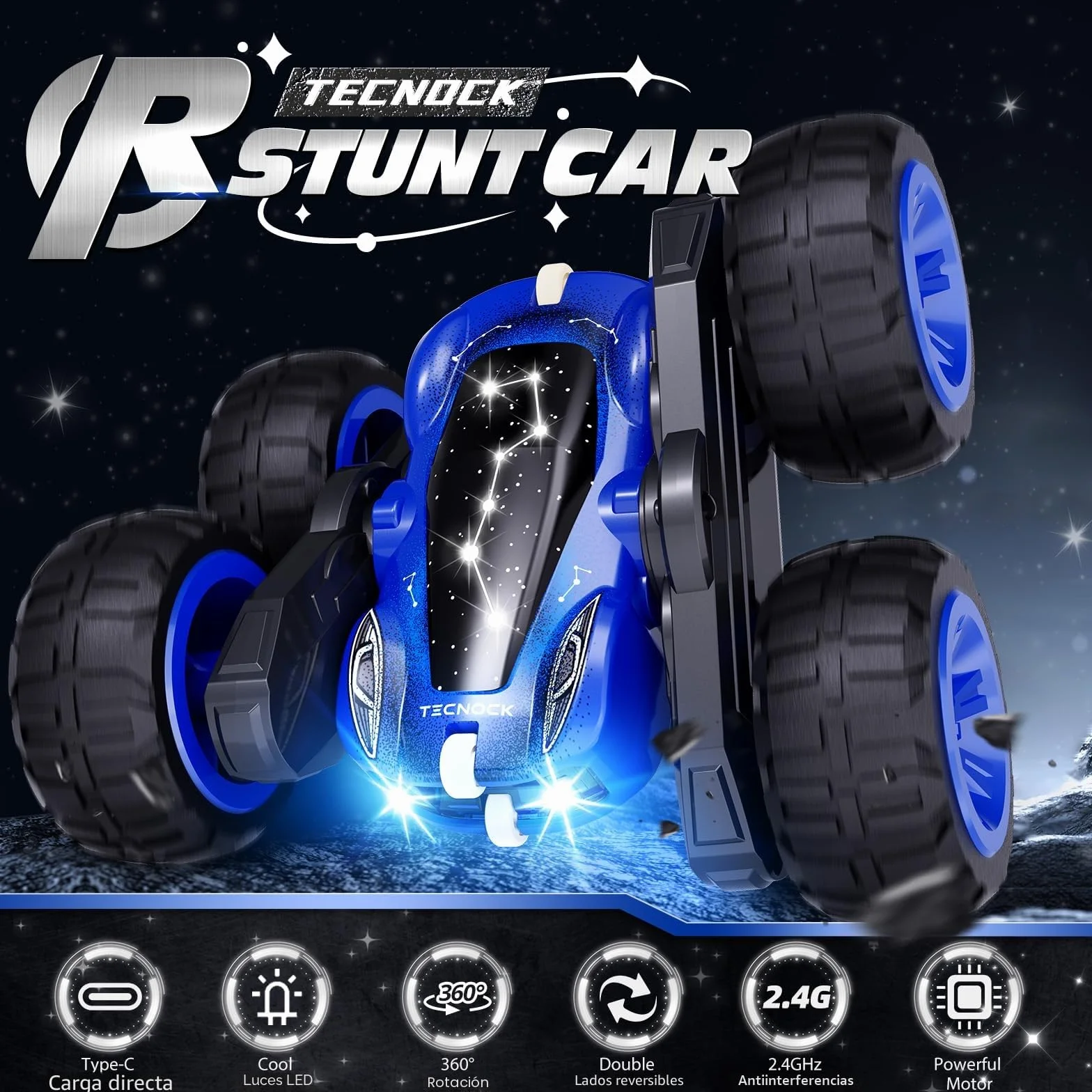 Tecnock Coche Teledirigido 2,4 GHz 360° Flip Stunts RC Monstertruck con Luz Colorida Juguete al Aire Libre Regalo para Niños 3-12 Años