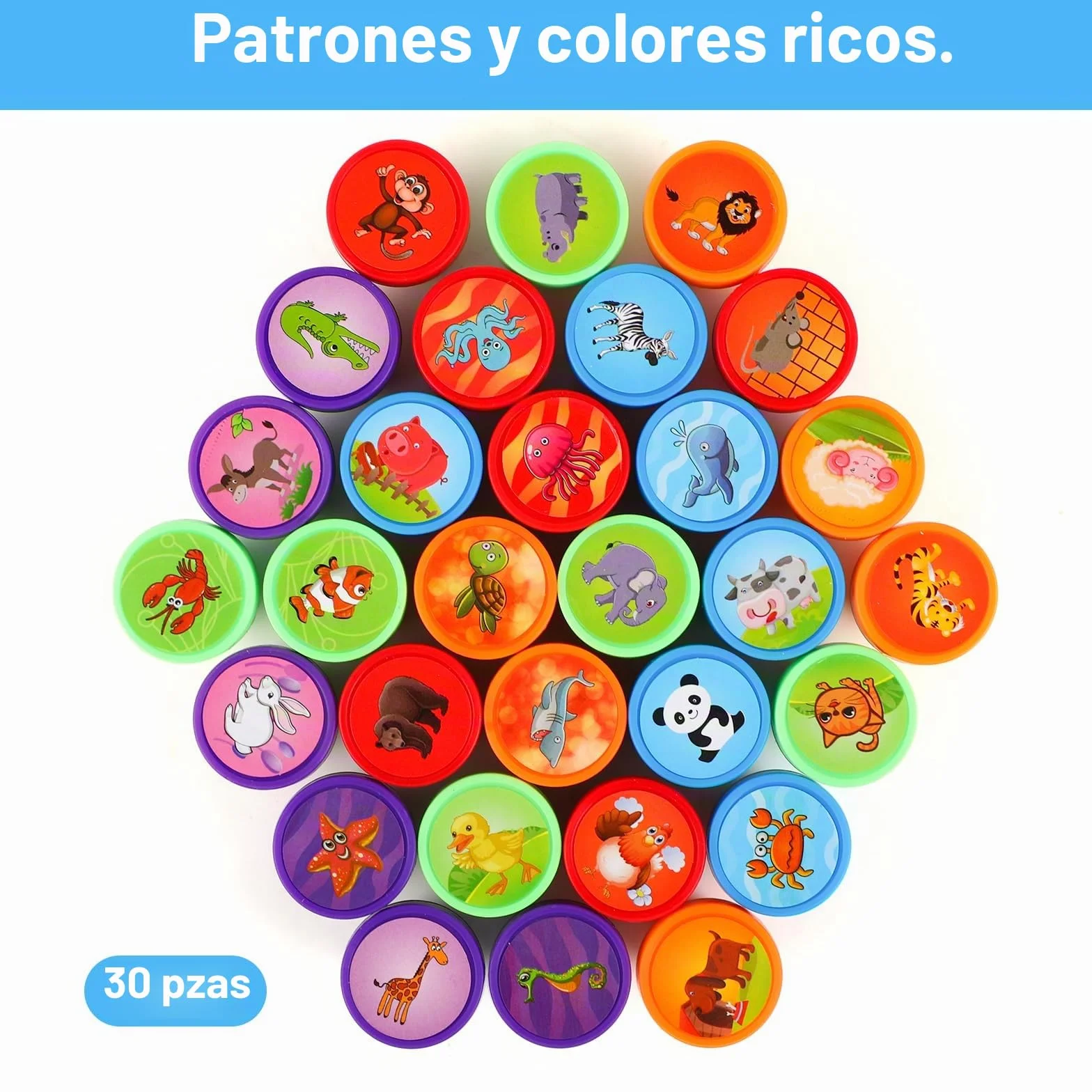 RMIVEGLIA Set de 30 Sellos Infantiles – Sellos para Niños Autotintables con Dibujos de Animales, de Plástico en 5 Colores, Regalos Cumpleaños Niños Colegio, Detalles para Fiestas.