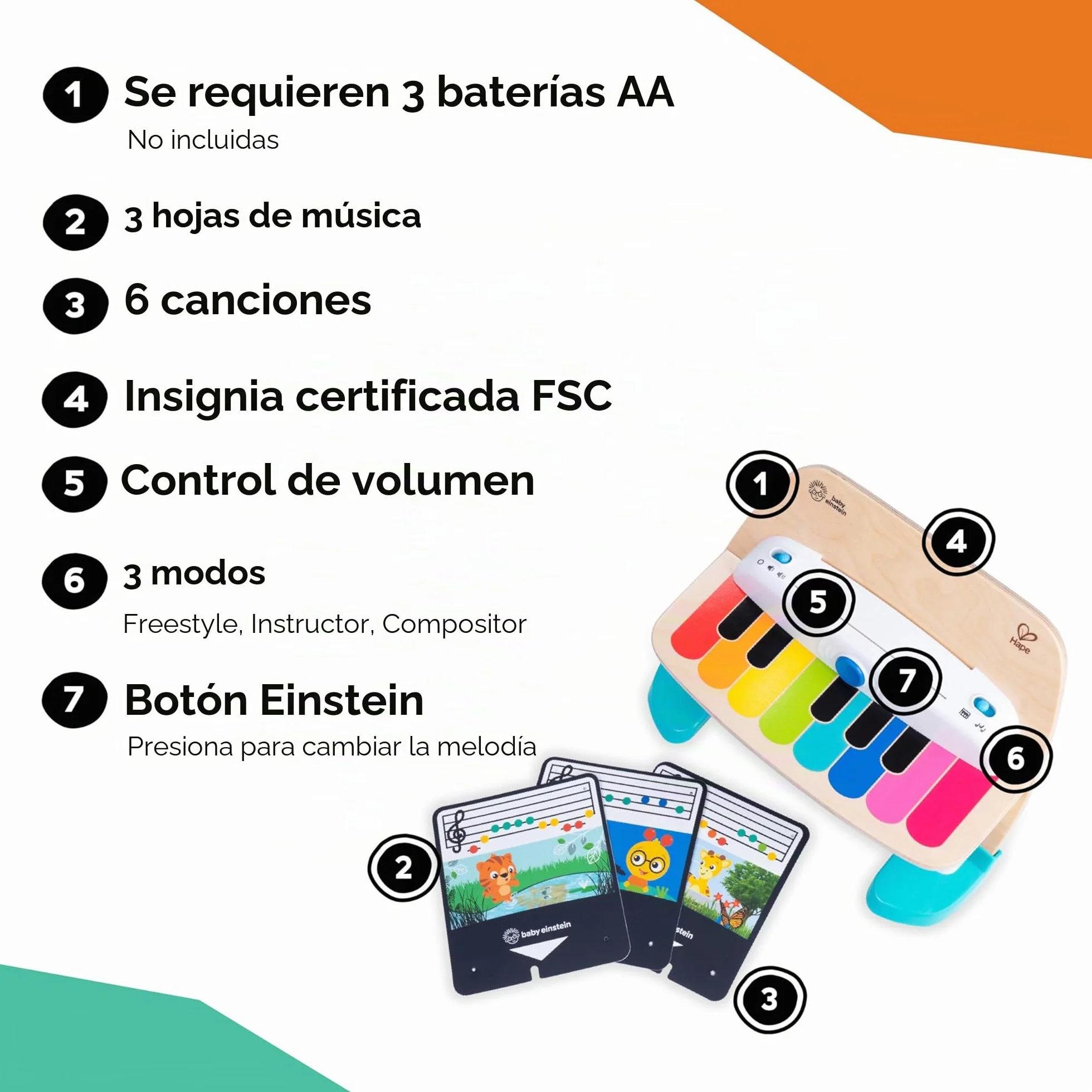 Baby Einstein, Hape, Piano Magic Touch, Juguete Musical de Madera, Incluye 3 partituras y 6 Canciones, Volumen Ajustable, a Partir de 6 Meses, Be Piano, 1 Unidad (Paquete de 1)