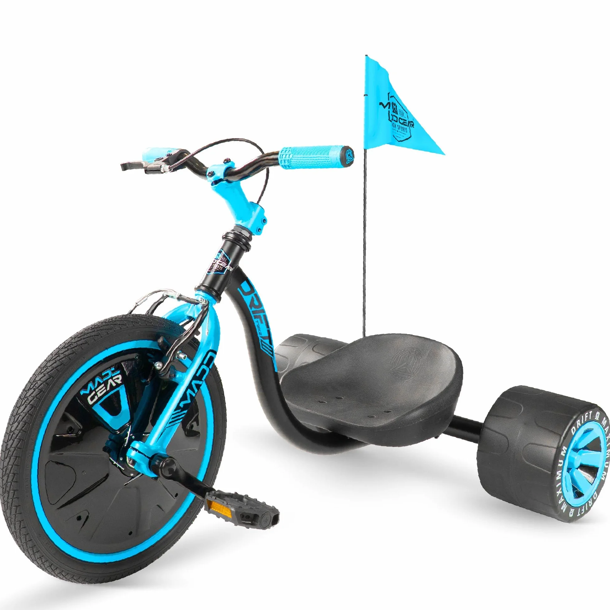 Drift Trike para niños a partir de 5 a 16 pulgadas con rueda grande con asiento ajustable, marco de acero, ruedas traseras y bandera de seguridad, Madd Gear (negro azul)