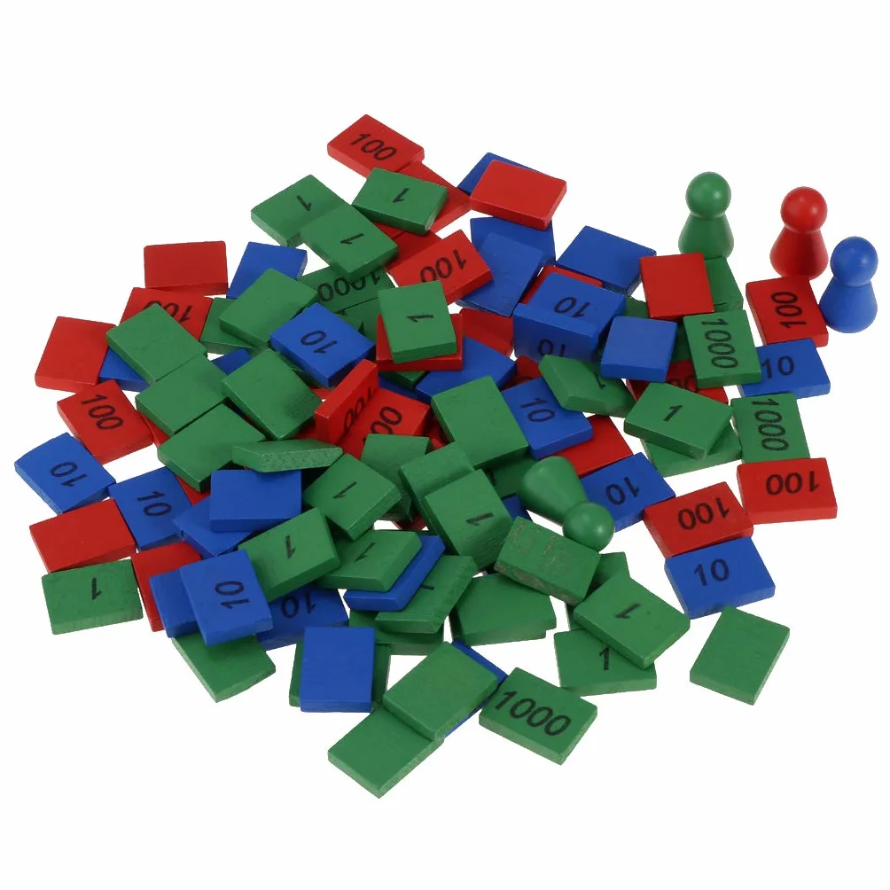 Juego de sellos Montessori de madera, juego de sellos Montessori de 4 piezas y 108 piezas de azulejos de madera etiquetados con 1, 10, 100 y 1000