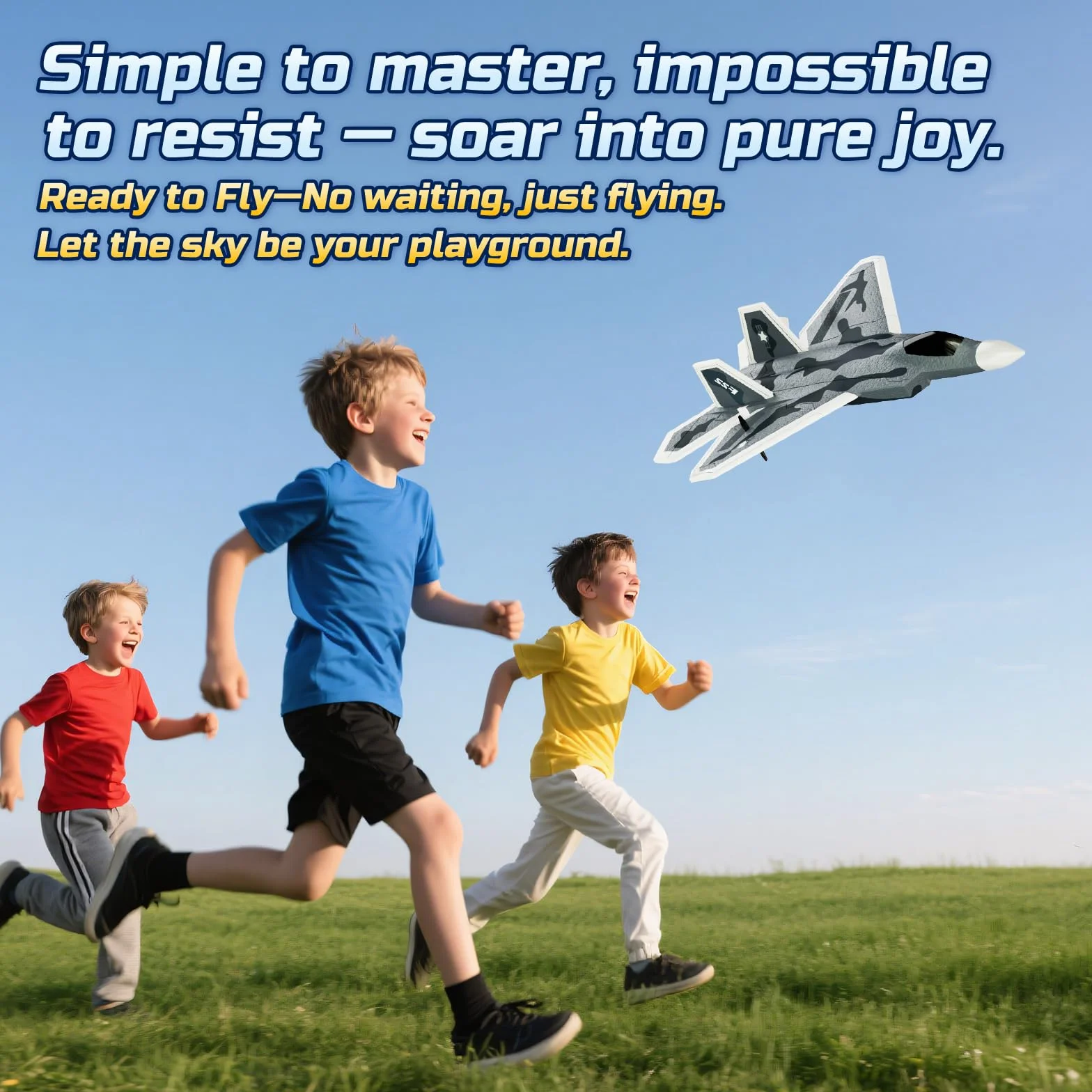 DEERC 2CH F22 Avion Teledirigido con Luces, Avión RC Combate Control Remoto, Planeador RTF con Estabilizador Giroscópico de 6 Ejes de 2.4 GHz y 2 Baterías, Fácil de Volar para Niños y Principiantes.