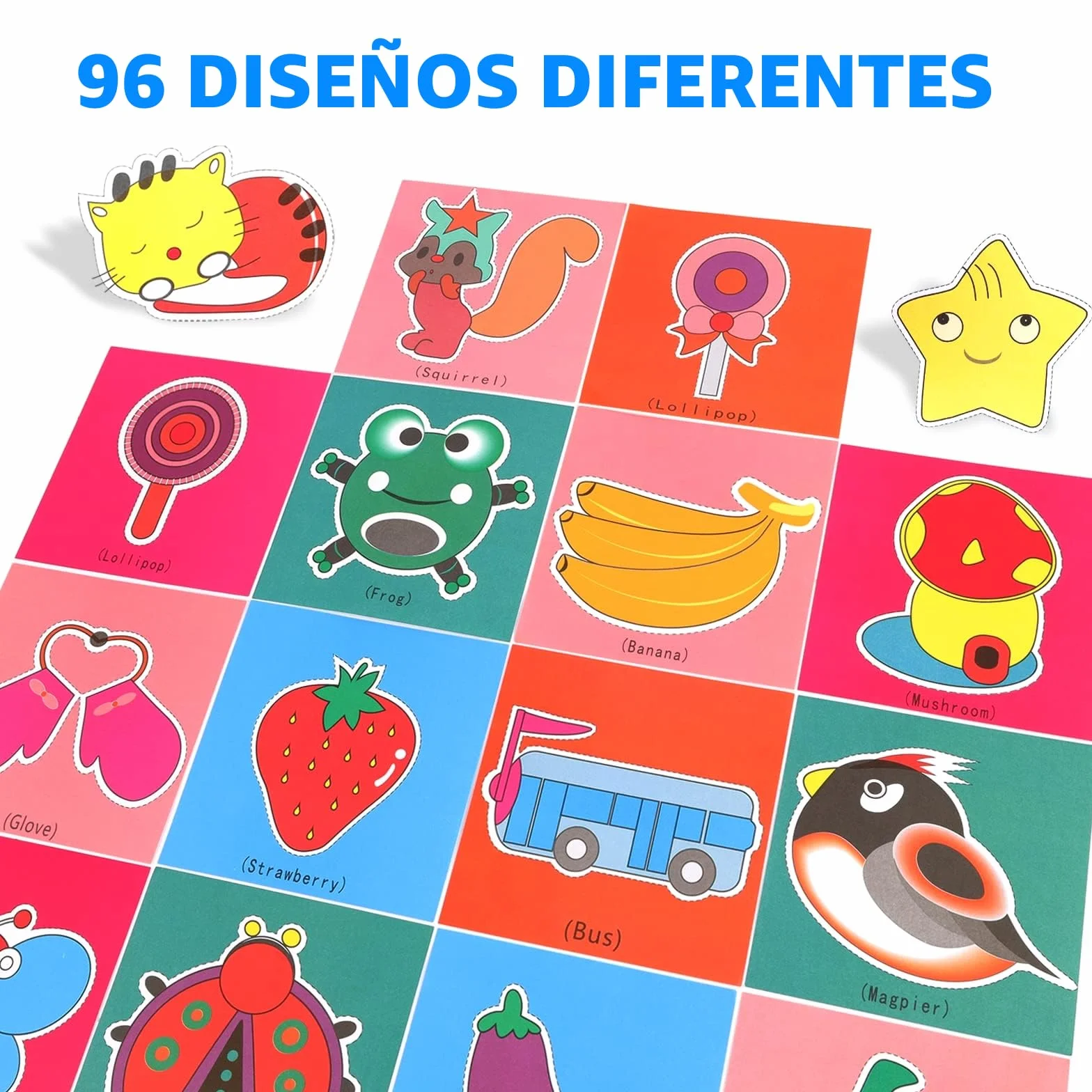 Juego de corte de papel para niños, 2 unidades de tijeras de plástico de seguridad para niños, con 96 hojas de papel con frutas de animales, tijeras para manualidades, tijeras de papel, habilidades