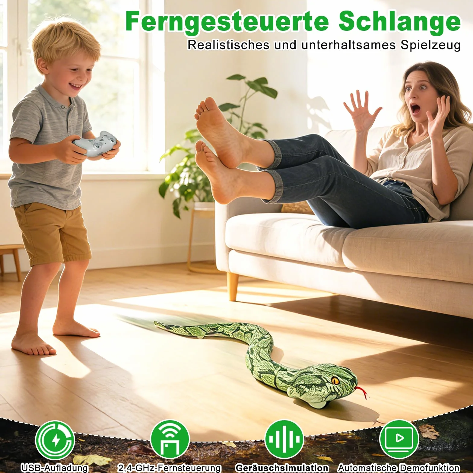 HILKKET Serpiente Teledirigida, Serpiente pitón Teledirigida de 64 cm, Juguete eléctrico de Serpiente para Tierra y Agua a 5 km/h, Juguete Impermeable para Piscina, Juguete Acuático para Niños
