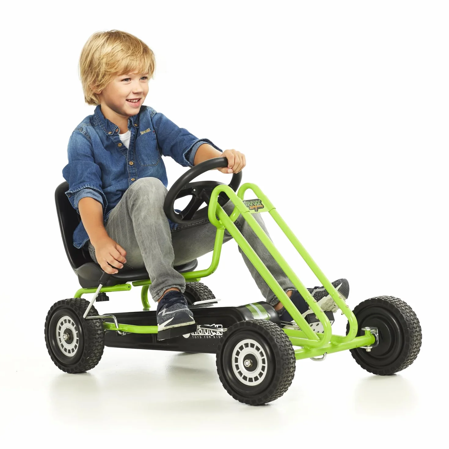 hauck Lightening Go Kart con Ruedas de Goma, Kart Pedales, Coches Niños, Freno de Mano, Asiento Ajustable en Tres Posiciones, 4-8 Años, Peso Max. Peso 50 kg, Respaldo alto, Verde