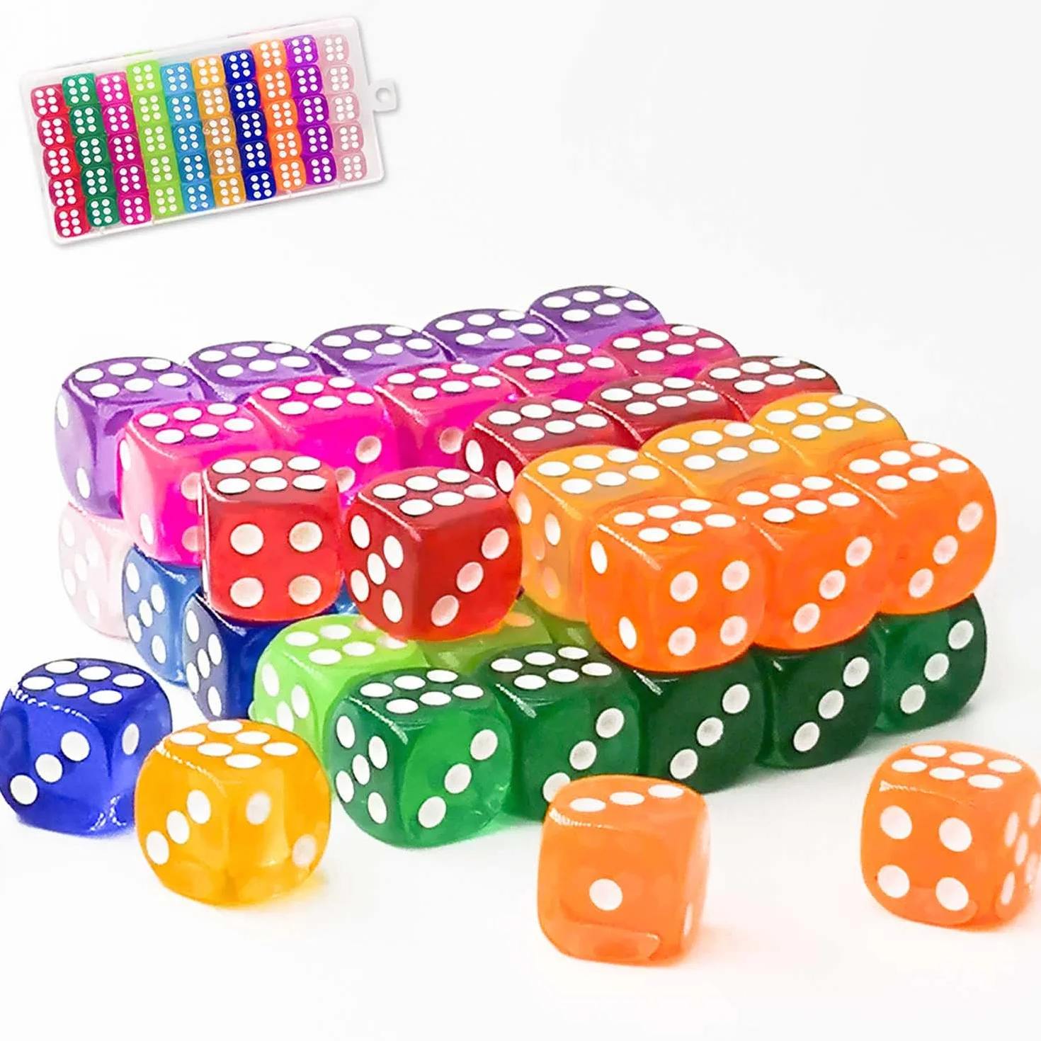 Juego de 50 dados de colores de 14 mm con caja de plástico portátil, dados de colores estándar de 6 caras, dados de juegos translúcidos de 10 colores para fiestas de juegos de mesa