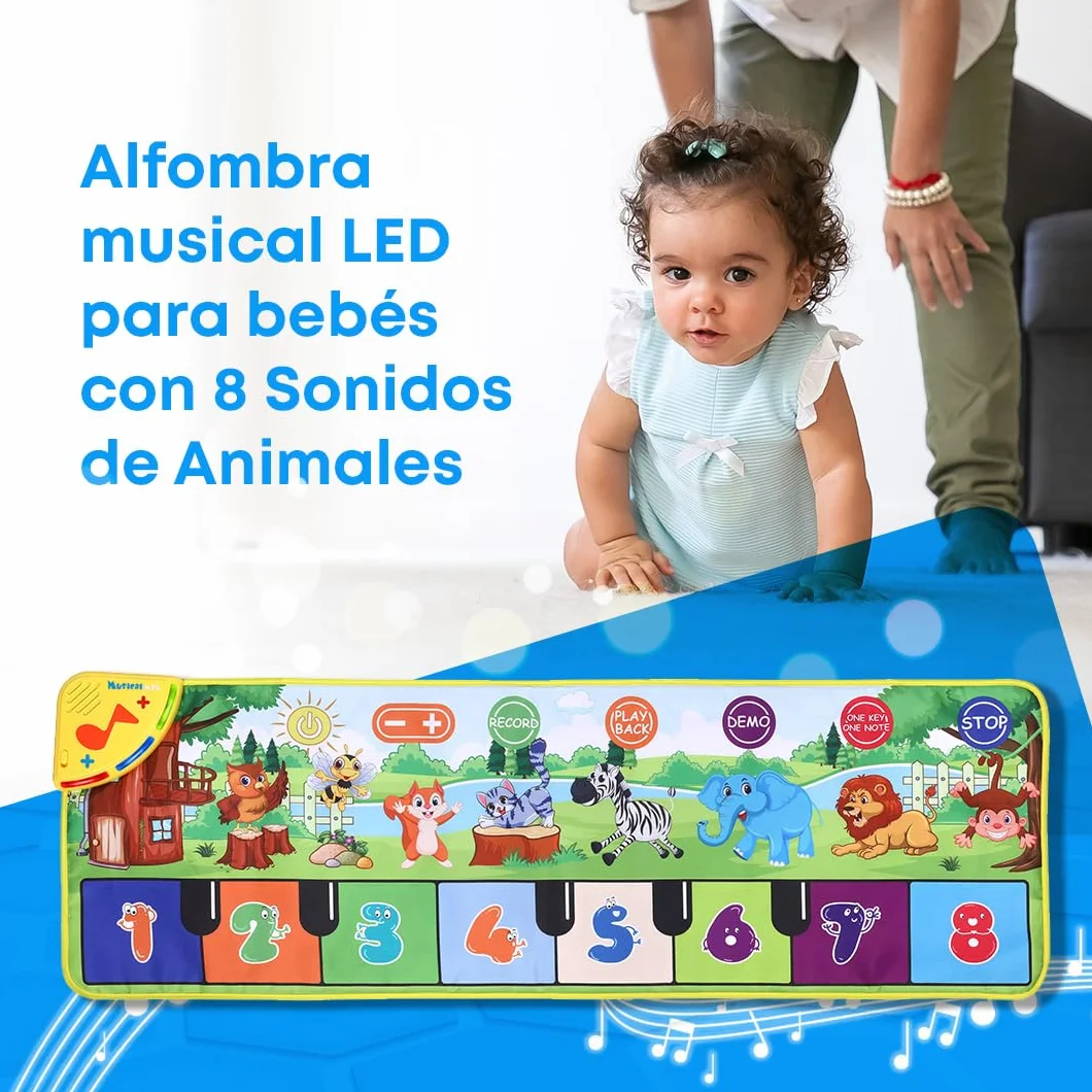 NK Alfombra Musical para Bebé con 8 Sonidos de Animales LED - Piano Infantil Juguete para Niños 3 4 5 años, Regalo Original Montessori Cumpleaños Navidad, Plegable, Función Record/Playback (110x36cm)