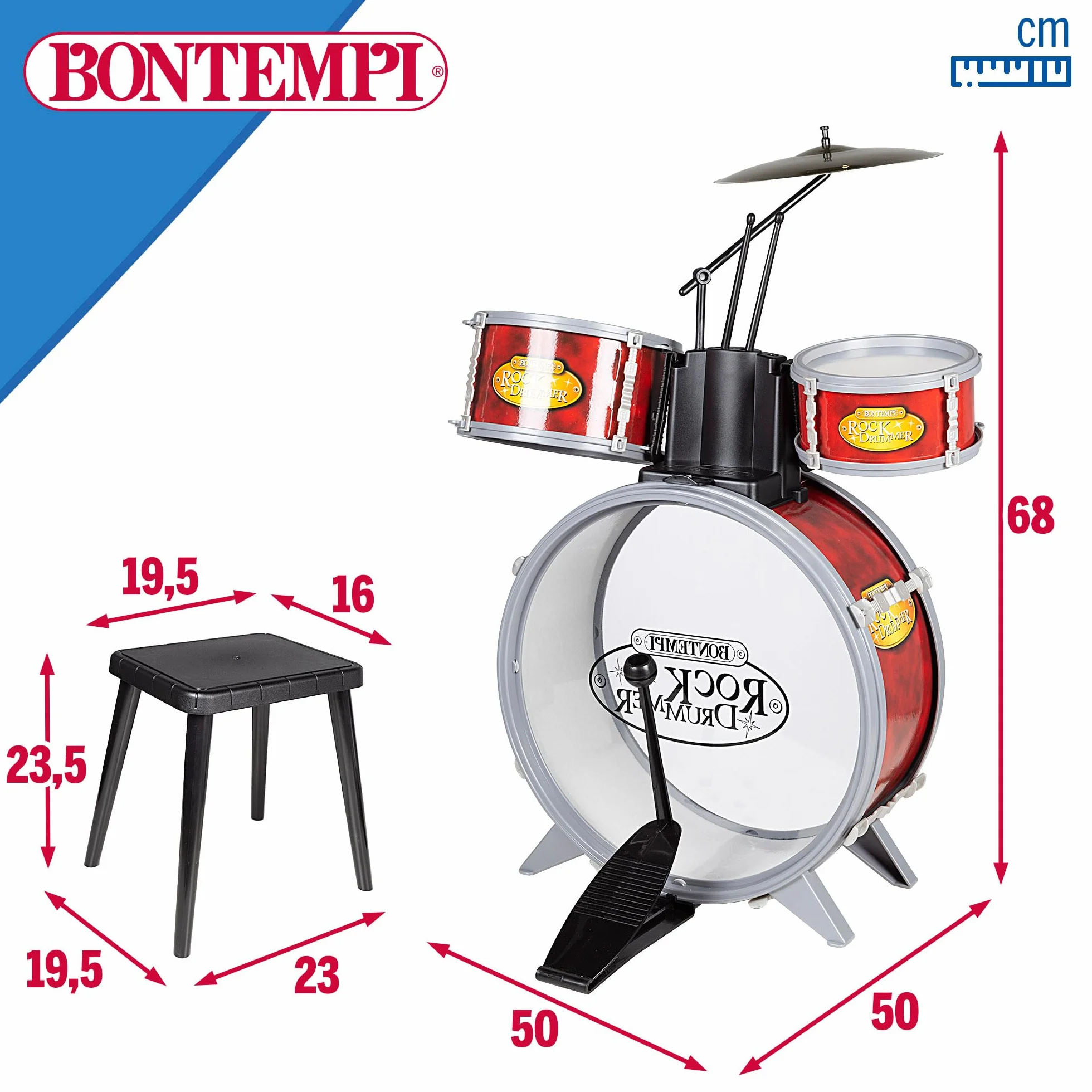 Bontempi BeatMaster: Batería para niños con sonidos realistas y mucha diversión, rojo y transparente, 500x500x680 mm