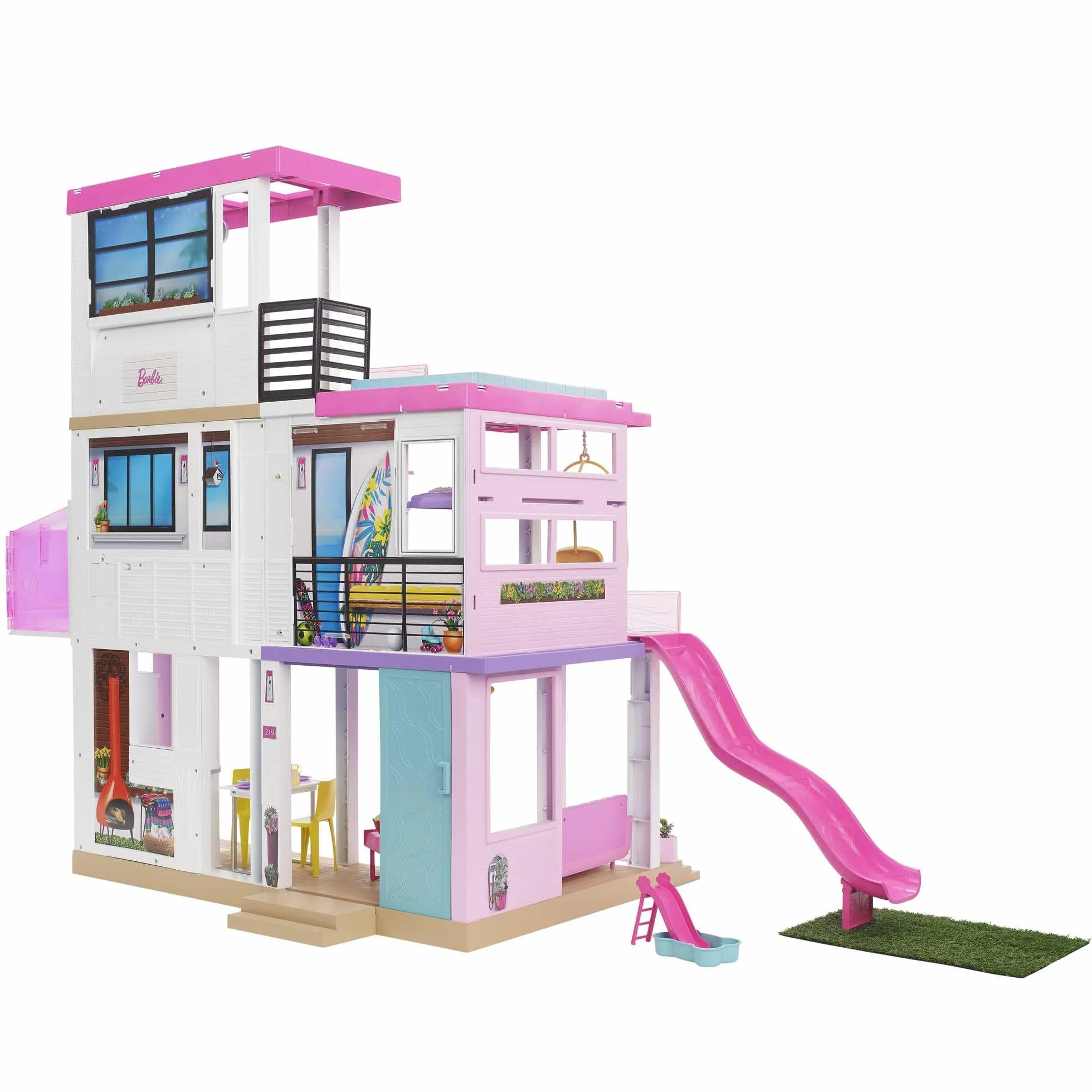 Barbie Casa de Muñecas Dreamhouse - con Piscina, Tobogán y Ascensor - Luces y Sonido - 75+ Piezas - 104 x 109 cm - Regalo para Niños de 3-7 Años, GRG93