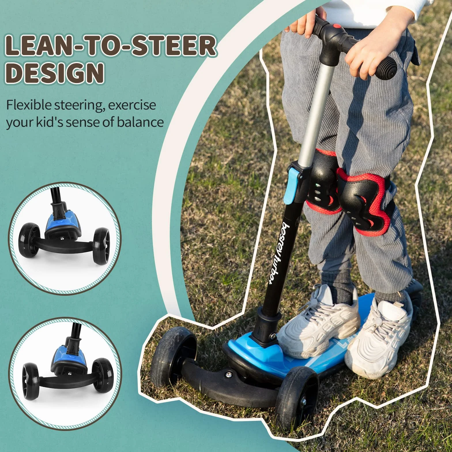 besrey Patinete para niños – Big Wheels Plegable con Luces LED Intermitentes para niños y niñas, 4 Niveles de Altura Ajustable, Tabla Ancha para niños de 2 a 8 años