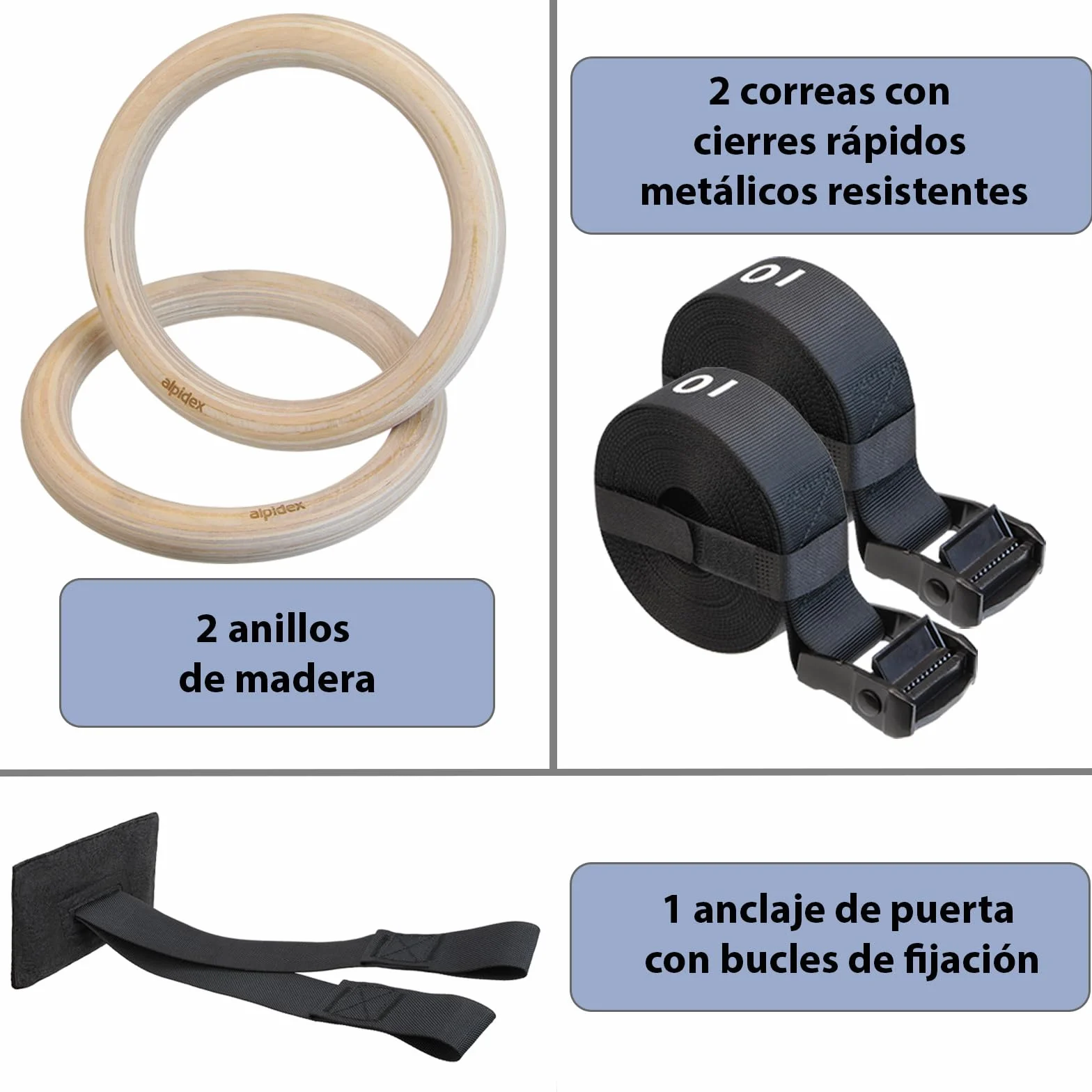 ALPIDEX Anillas de Gimnasia de Madera con Anclaje de Puerta y Correas con Marcas de Longitud