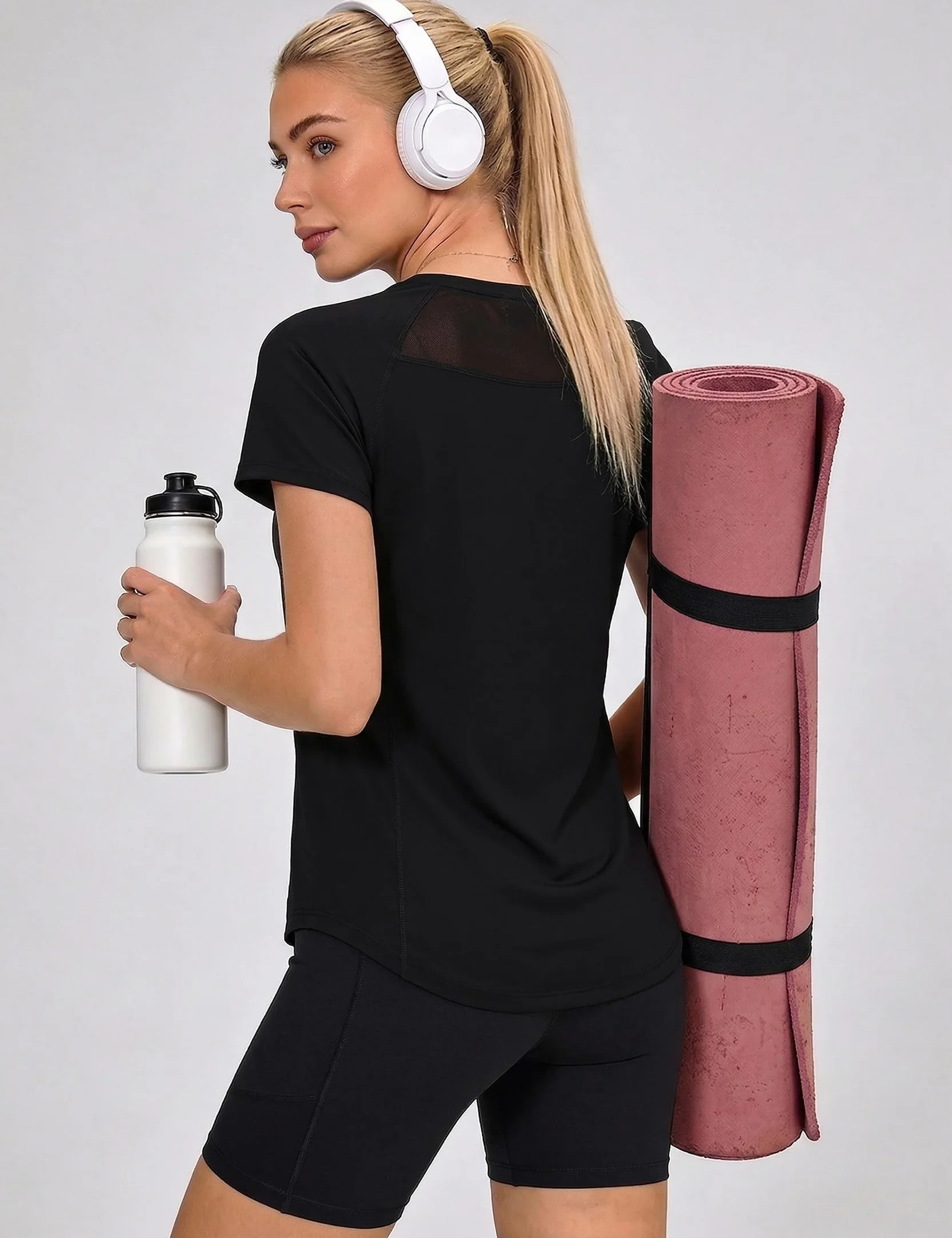 Camiseta Deportiva Mujer Manga Corta Cuello Redondo Secado Rápido Transpirable Fitness Yoga Pilates
