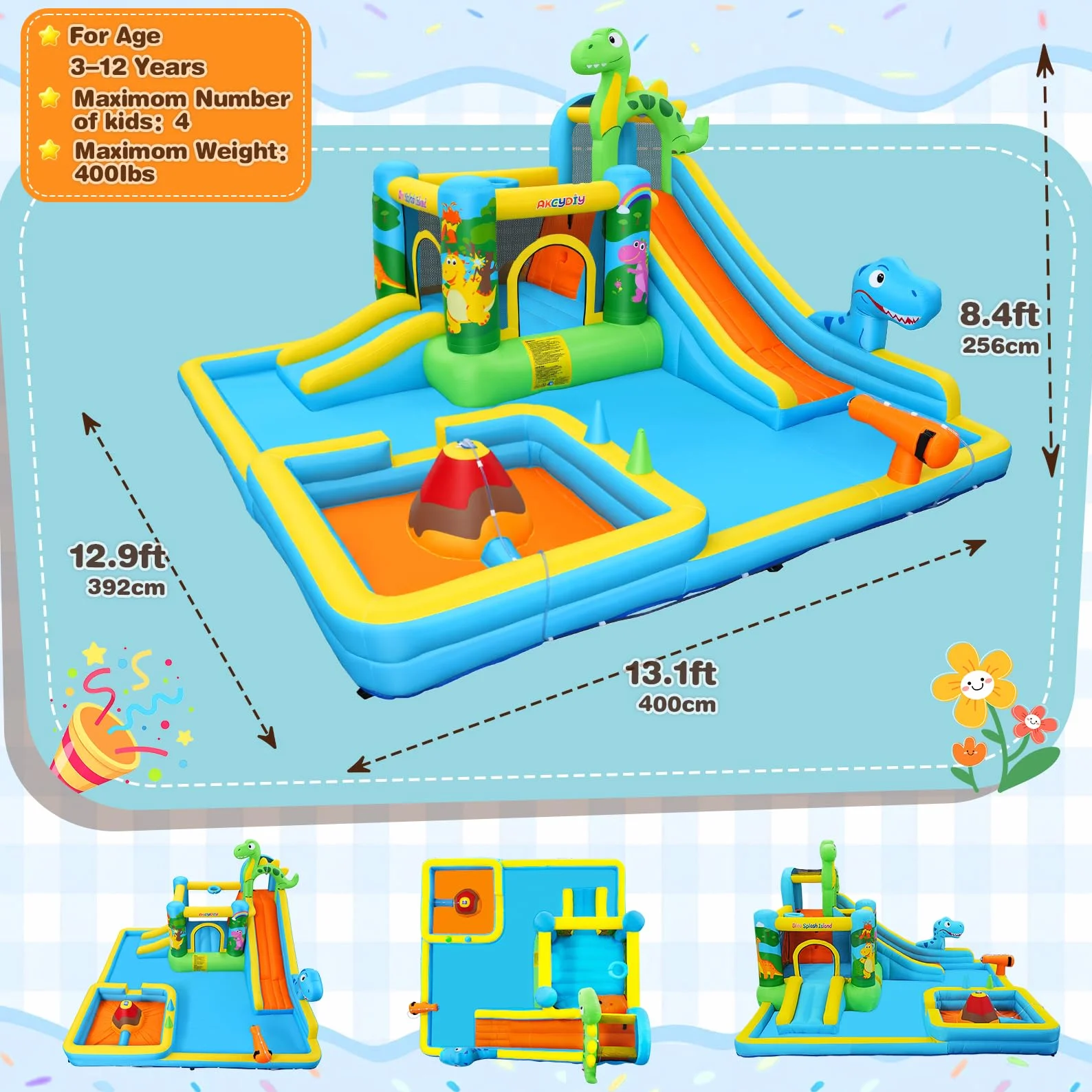 Tobogán acuático Inflable Castillo Hinchable con soplador para niños de 3 años + años, tobogán seco/acuático, Dinosaurios con 2 toboganes, Piscina Infantil y Piscina, Canasta de Baloncesto, cañón de