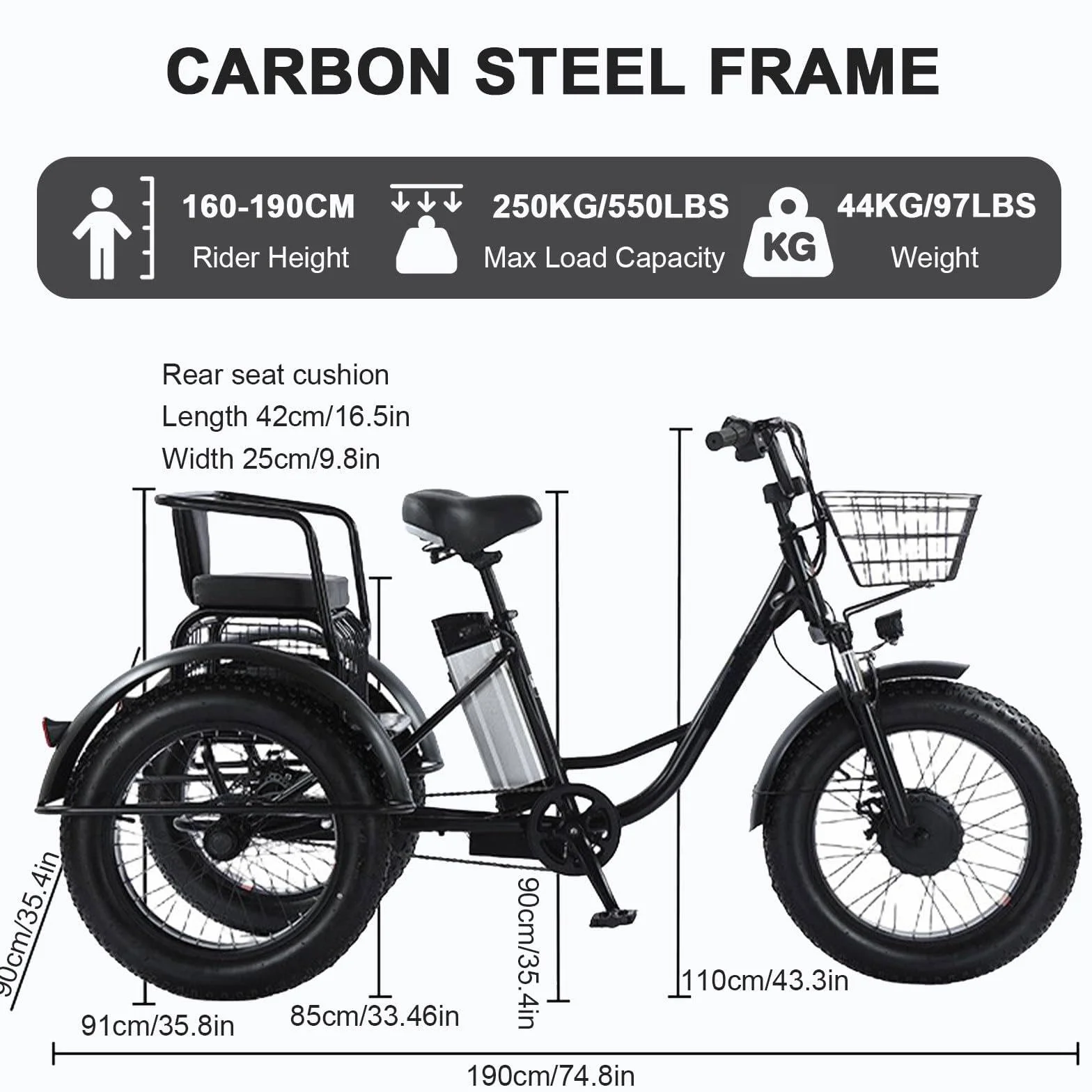 Triciclo Eléctrico Para Adultos,Con Neumáticos Anchos Todoterreno De 20" X 4.0,Cesta De La Compra Y Asiento Trasero,Batería Extraíble De 48v/12ah,Carga 200 Kg,Ideal Para Ir De Compras, Pícnics