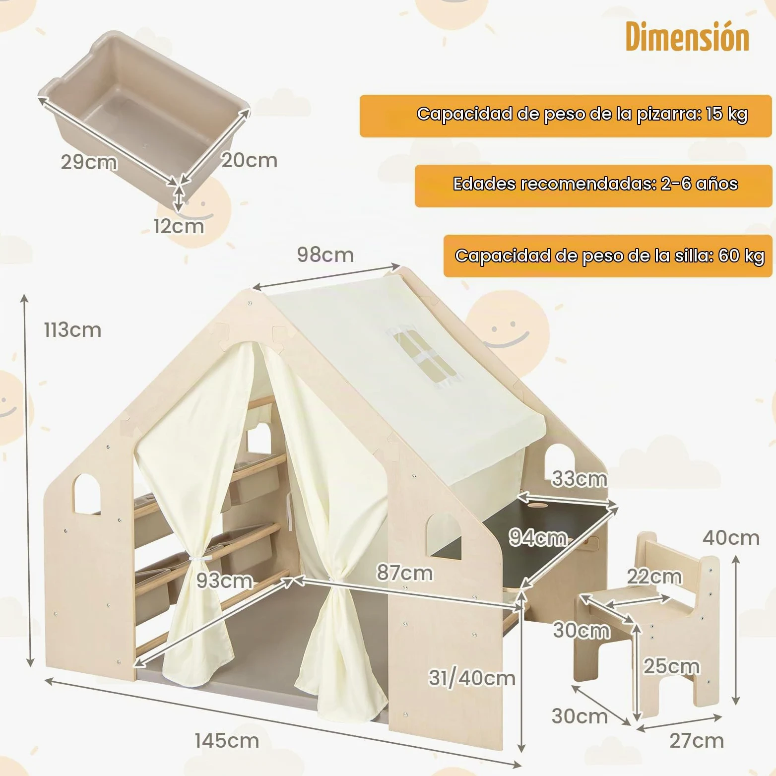 HOMASIS 5 en 1 Tienda de Campaña Infantil con Mesa y Silla, Tipi Infantil con Alfombrilla y Pizarra y Caja de Almacenamiento y Caja de tizas, para Niños de 2-6 Años (con 6 Caja)