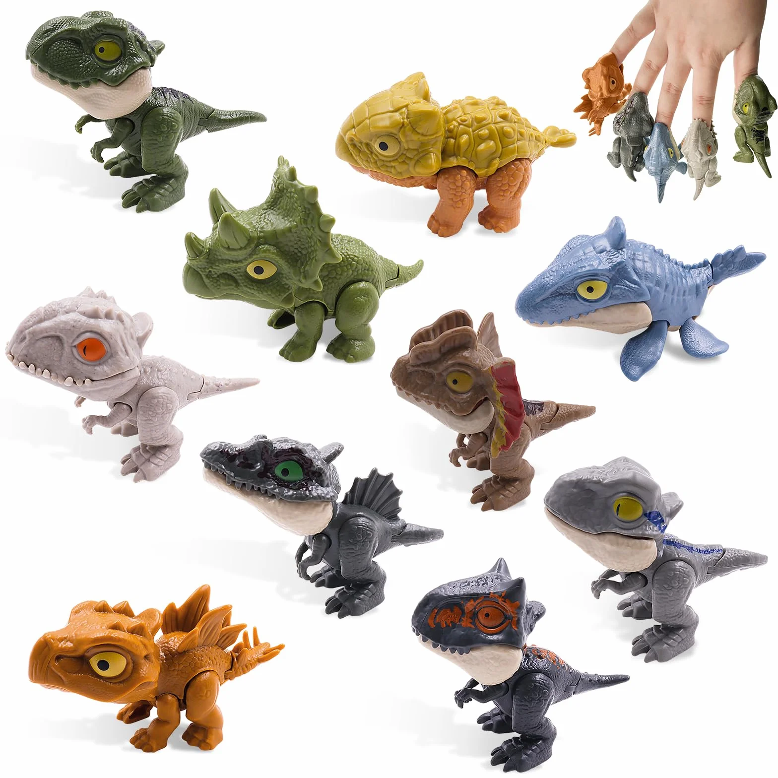 10 Piezas Dinosaurio Dedo Juguete, Mini Set ABS Mordita para Niños y Niñas (Colores Mezclados)