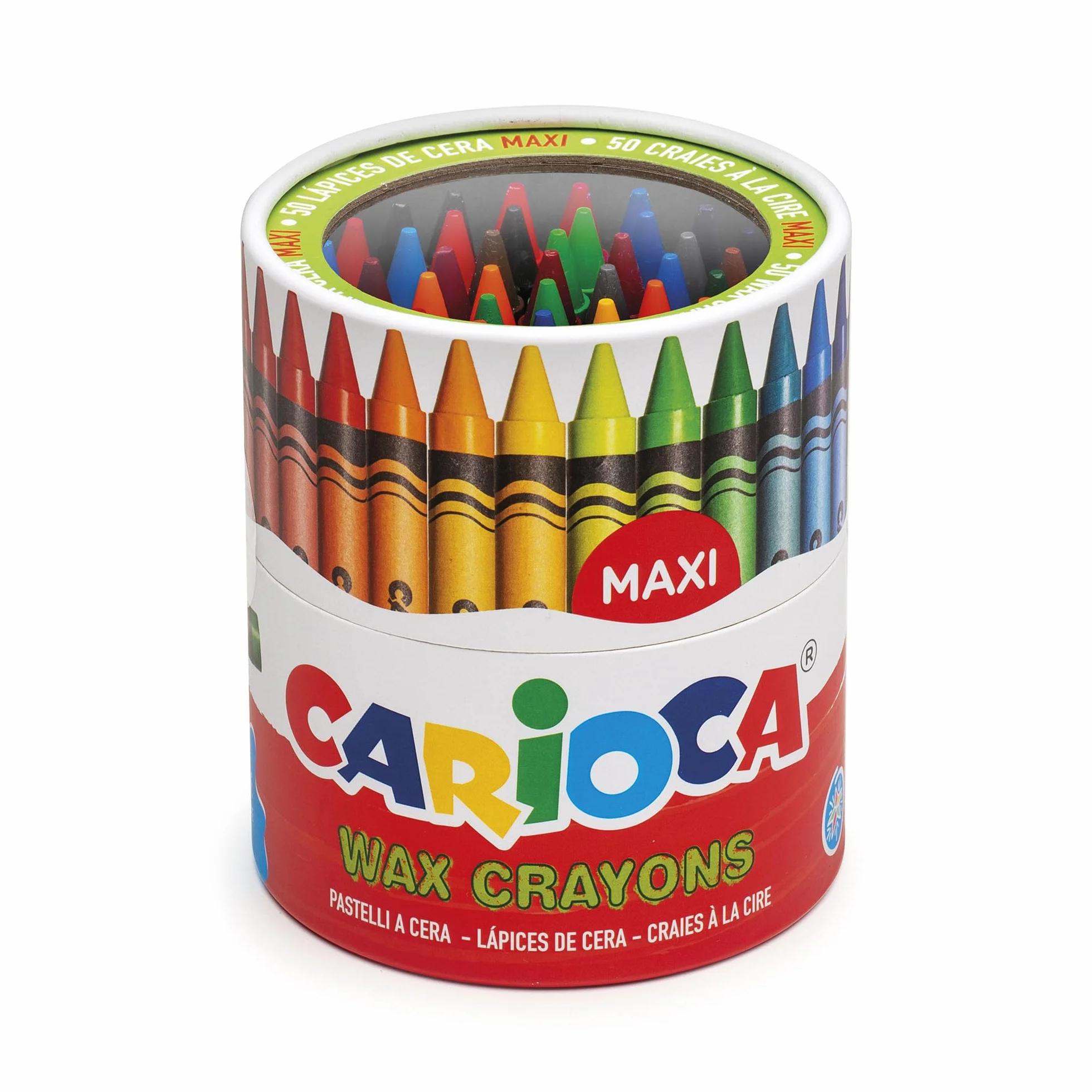 Carioca Ceras Maxi Wax Crayons | Bote con 50 Ceras Lavables con Punta Normal para Niños y Cuerpo Redondo | Colores Brillantes, Suaves y Fluidos | Punta Ø 12 mm | 50 Piezas