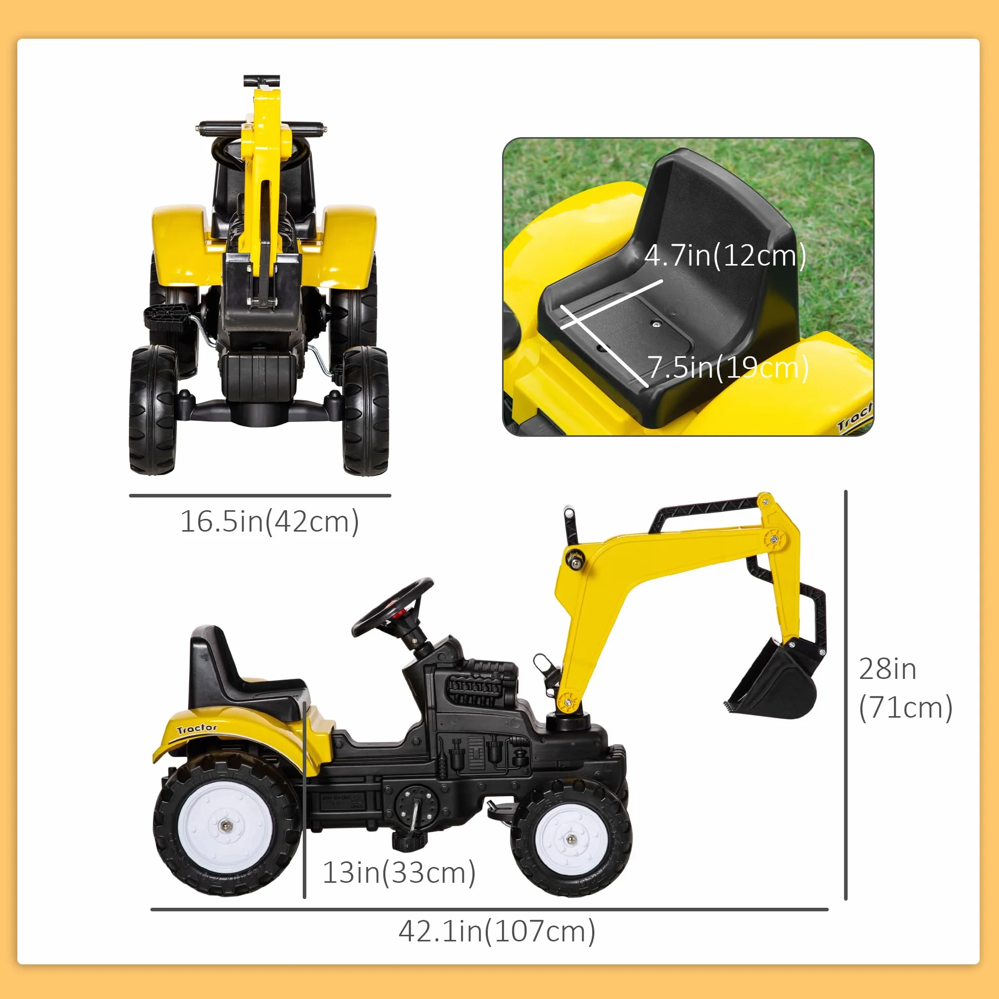 HOMCOM Tractor a Pedales para Niños de +3 Años Excavadora para Niños con Claxon y Pala Delantera Tractor Infantil para Exterior Carga 35kg 107x42x71 cm Amarillo