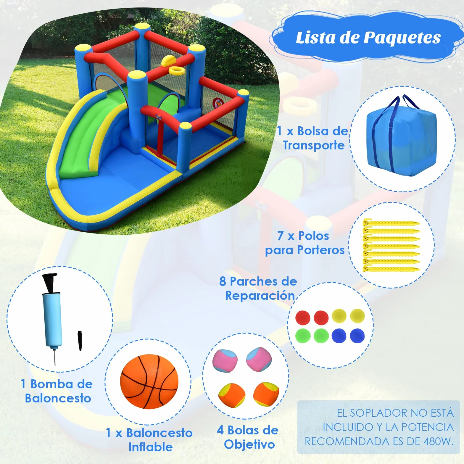 COSTWAY Tobogán Acuático Inflable, Castillo Inflable con Tobogán Mojado Seco para Interior y Exterior, Parque Acuático Portátil para Patio con Pelotas, Pelota de Baloncesto Inflable sin Compresor