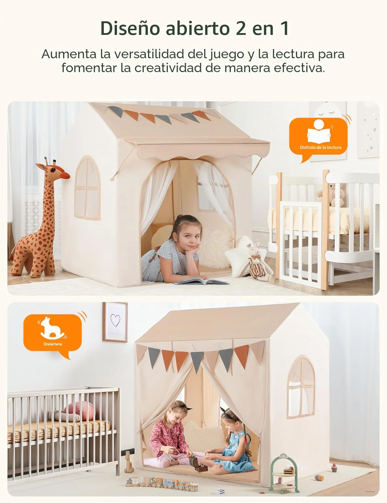 Besrey Tienda de Juego para Niños con Toldo, Casita Infantil 2 en 1 con Luz LED, Alfombra Acolchada