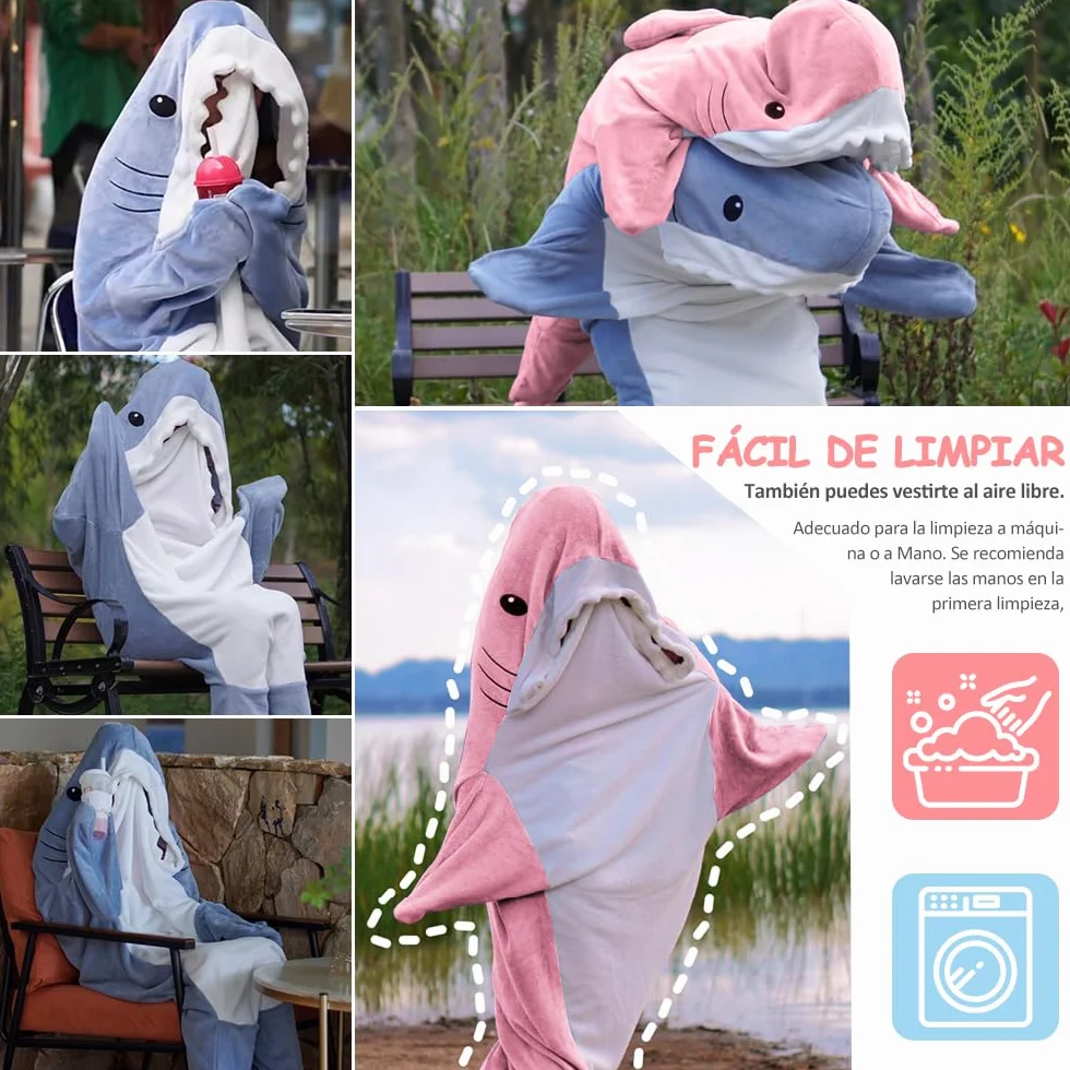 Manta de Tiburón con Capucha, Manta de Tiburón Onesie Saco de Dormir, Suave Franela Tiburón Manta con Capucha, Wearable Cola de Tiburón Onesie Manta (L(67 * 27,5in), Rosa)
