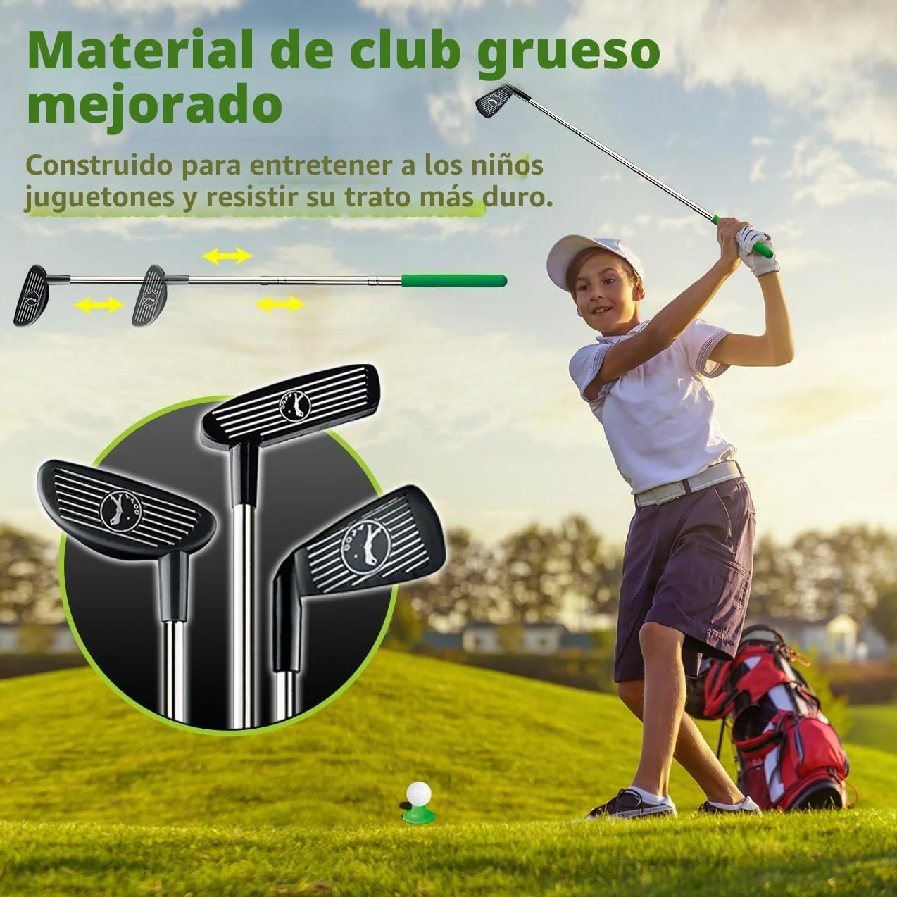 TERRAMUS Set de Golf 3 en 1 para Niños con Devolvedor de Golf Automático de Dinosaurio, Tablero de Cornhole de Golf, Pelotas Iluminadas con LED, Tapete de Putting,Juguetes,Juegos de Mini Golf Pequeños