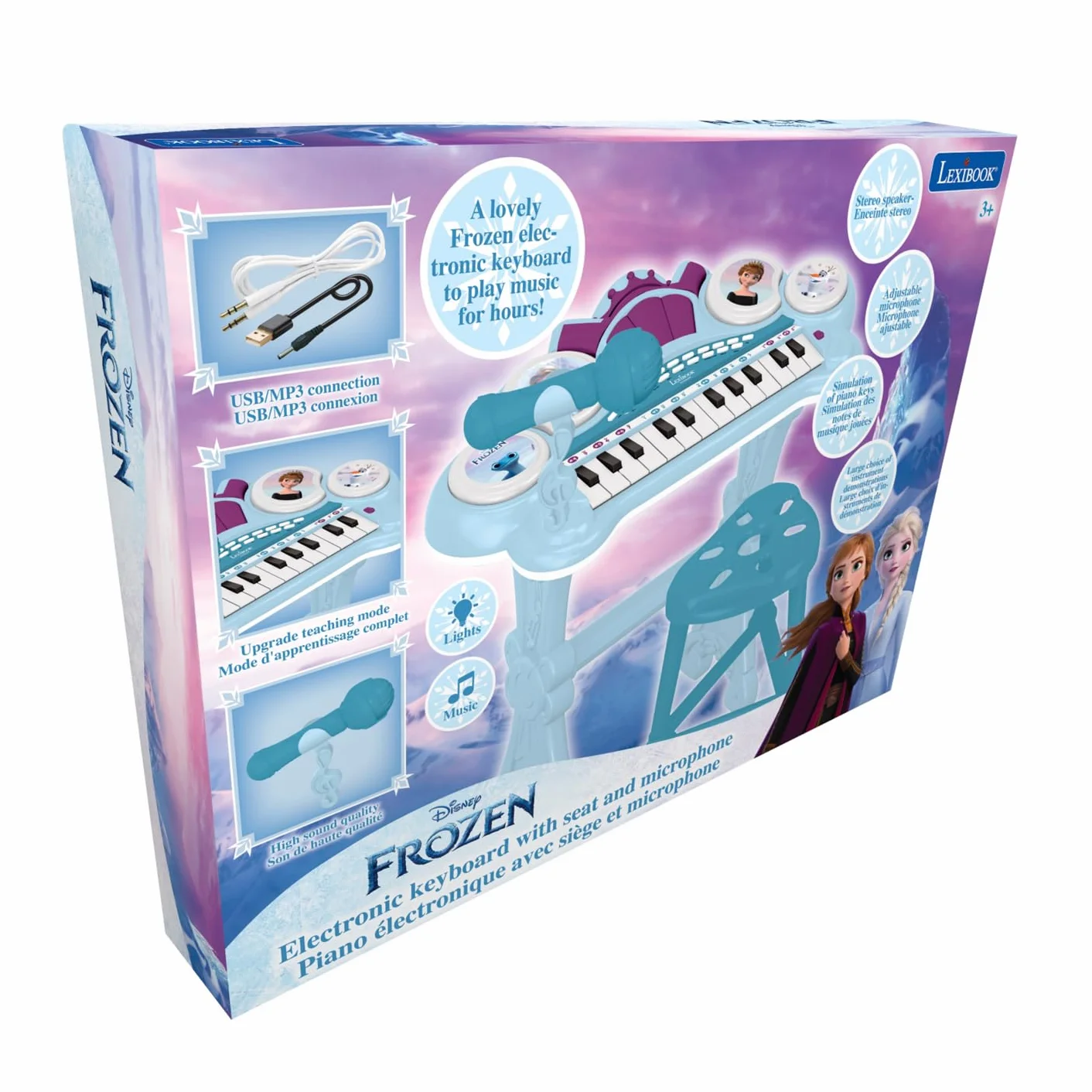 Lexibook, Frozen, Teclado electrónico con Asiento, micrófono, Reproductor MP3, Efectos de Sonido, melodías de demostración, Azul/Morado, K707FZ