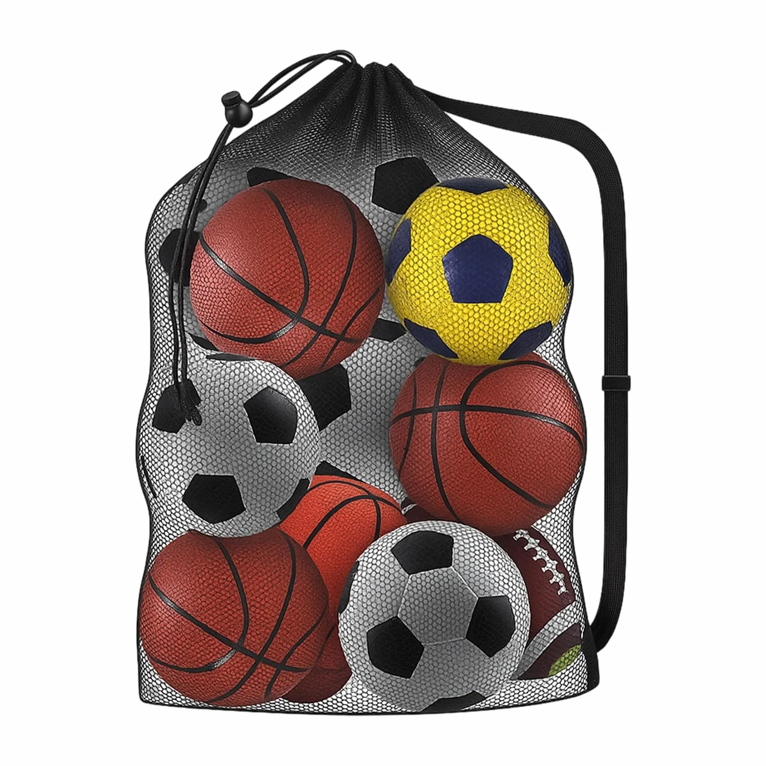 Saco de Malla para Pelotas 75x100 cm con Cordón para 10-15 Bolas Baloncesto Fútbol Voleibol Negro