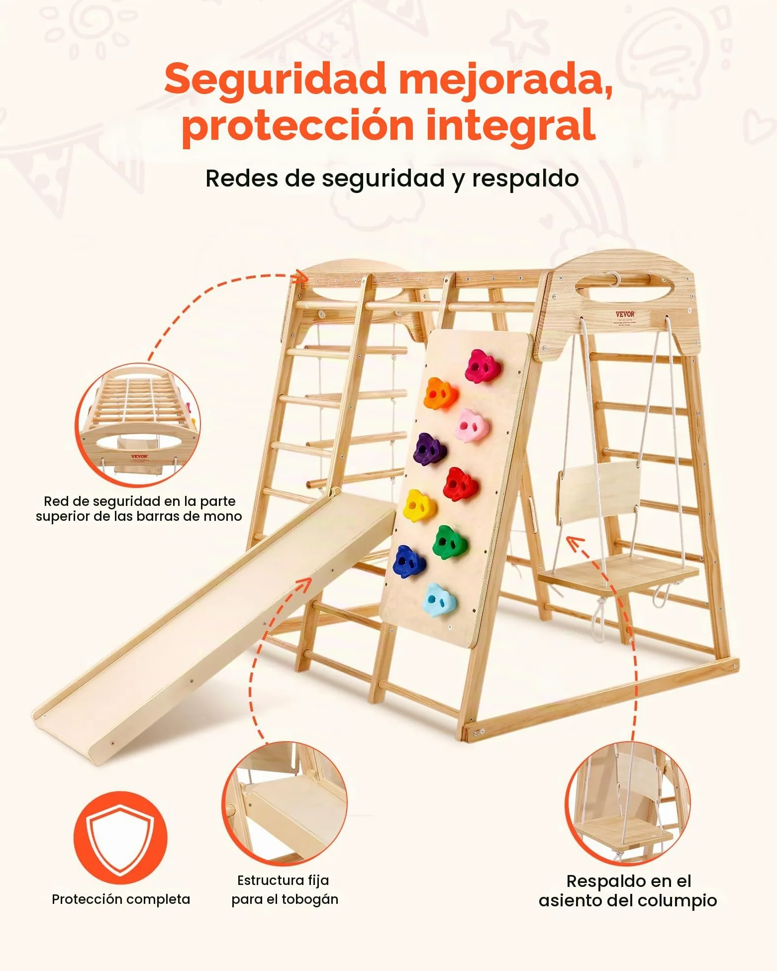 VEVOR Parque Infantil de Interior, Gimnasio de Interior para Niños de Madera, Multifunción con Juguetes de Escalada Tobogán Columpio Barras de Mono Escalera de Malla, Conjunto de Juegos para Niños