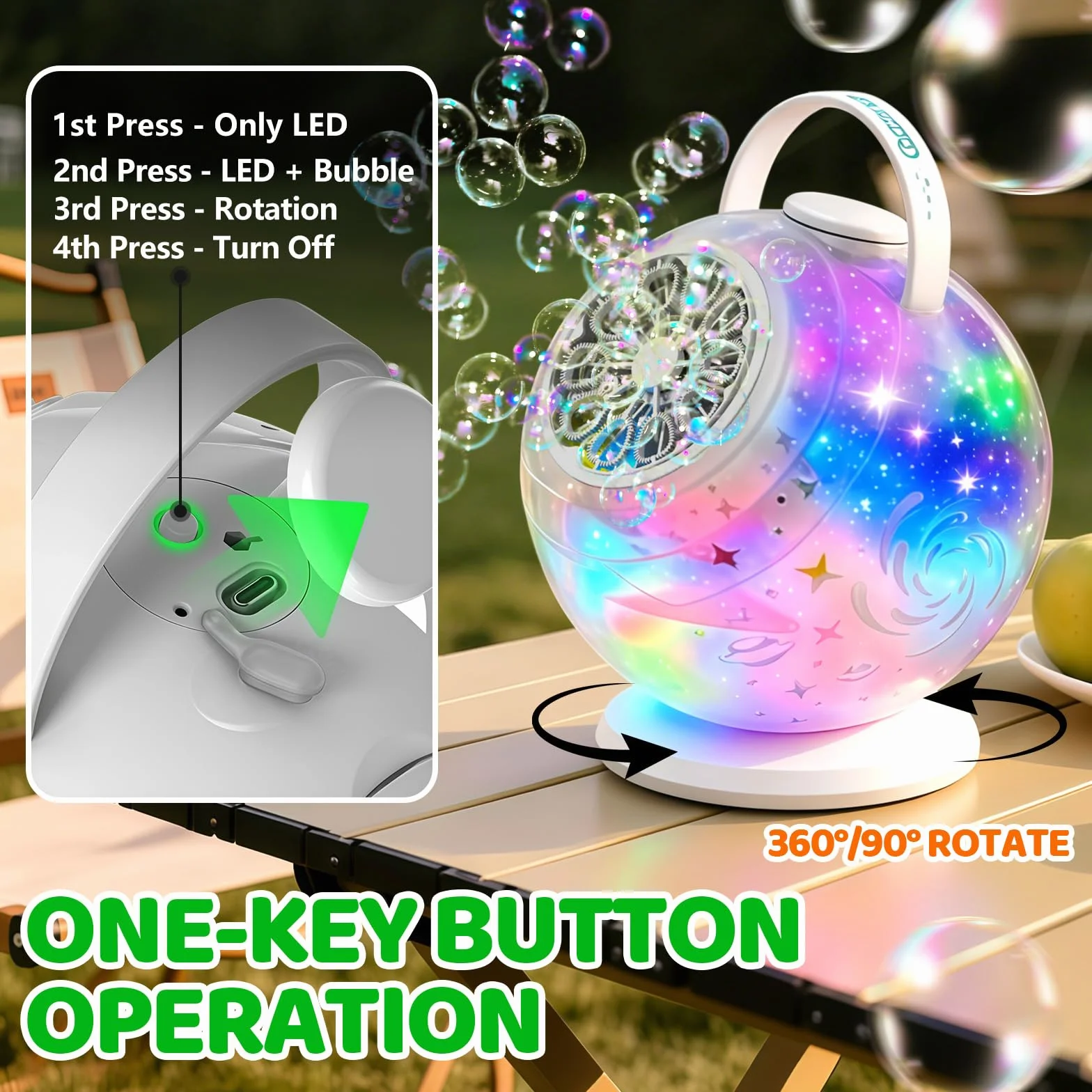 Tecnock Máquina de Burbujas Recargable con Mando a Distancia, Rotación 90°/360°, 20000+ Burbujas/Min, Luces LED de 7 Colores, Batería 1200 mAh, 45 Min de Autonomía, USB-C, para Niños, Fiestas y Bodas