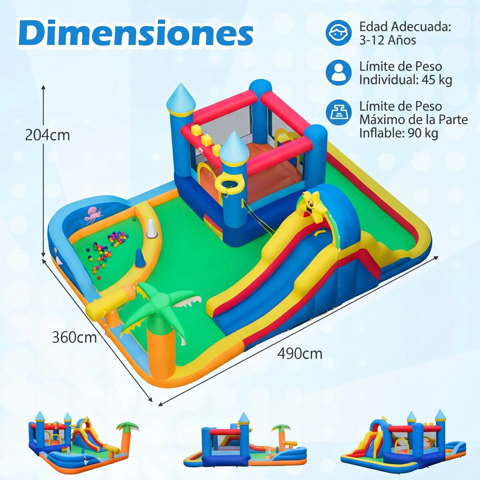 COSTWAY Castillo Hinchable, Parque Infantil con Temática de Playa con Muro de Escalar, Cañón de Agua, Pelotas Oceánicas, Fútbol, Baloncesto, Voleibol, Castillo Inflable al Aire Libre (sin soplador)