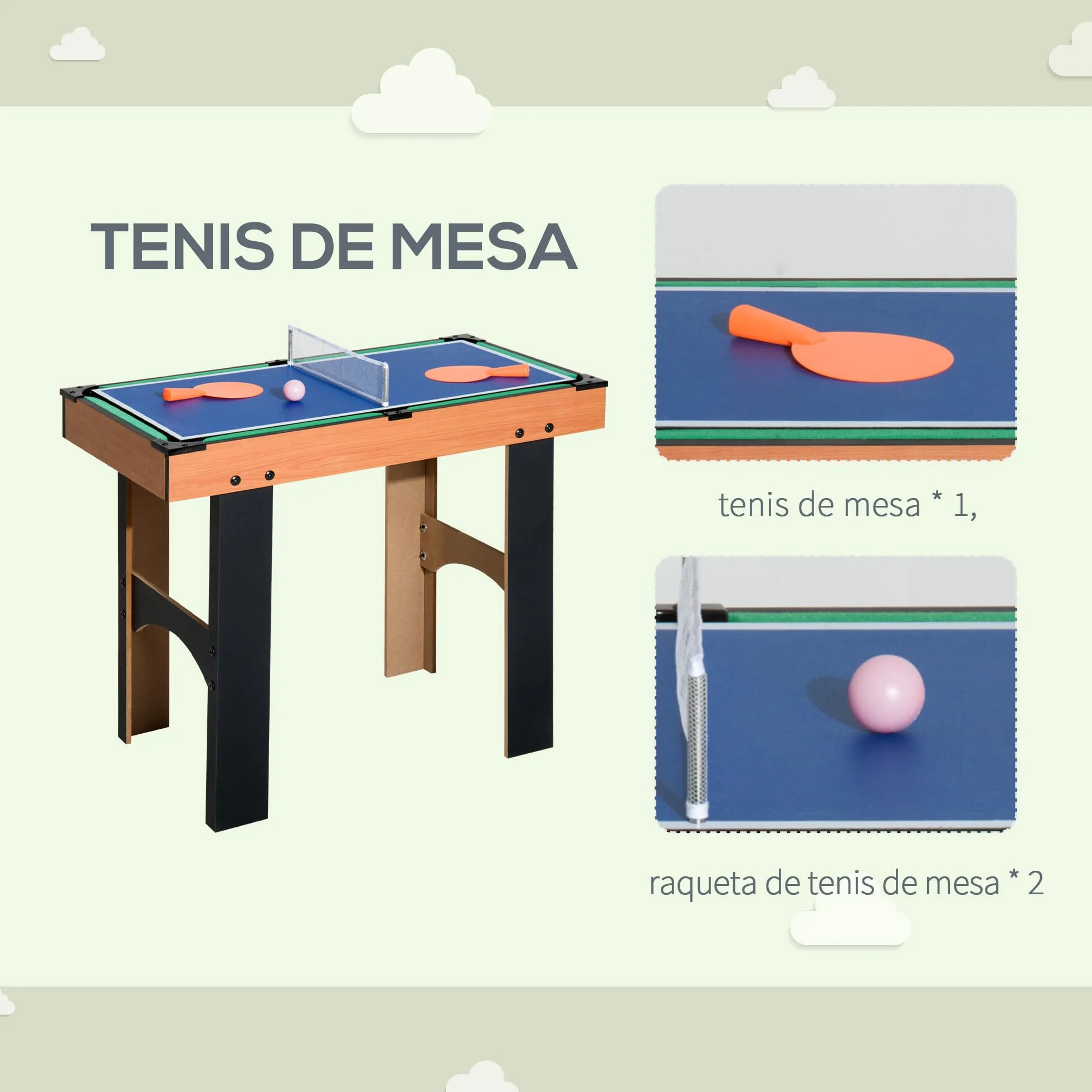 HOMCOM Mesa Multijuegos 4 en 1 para Niños +6 Años Mesa de Juego con Futbolines, Mesita de Billar y Ping-Pong 92x78x80 cm Natural y Negro