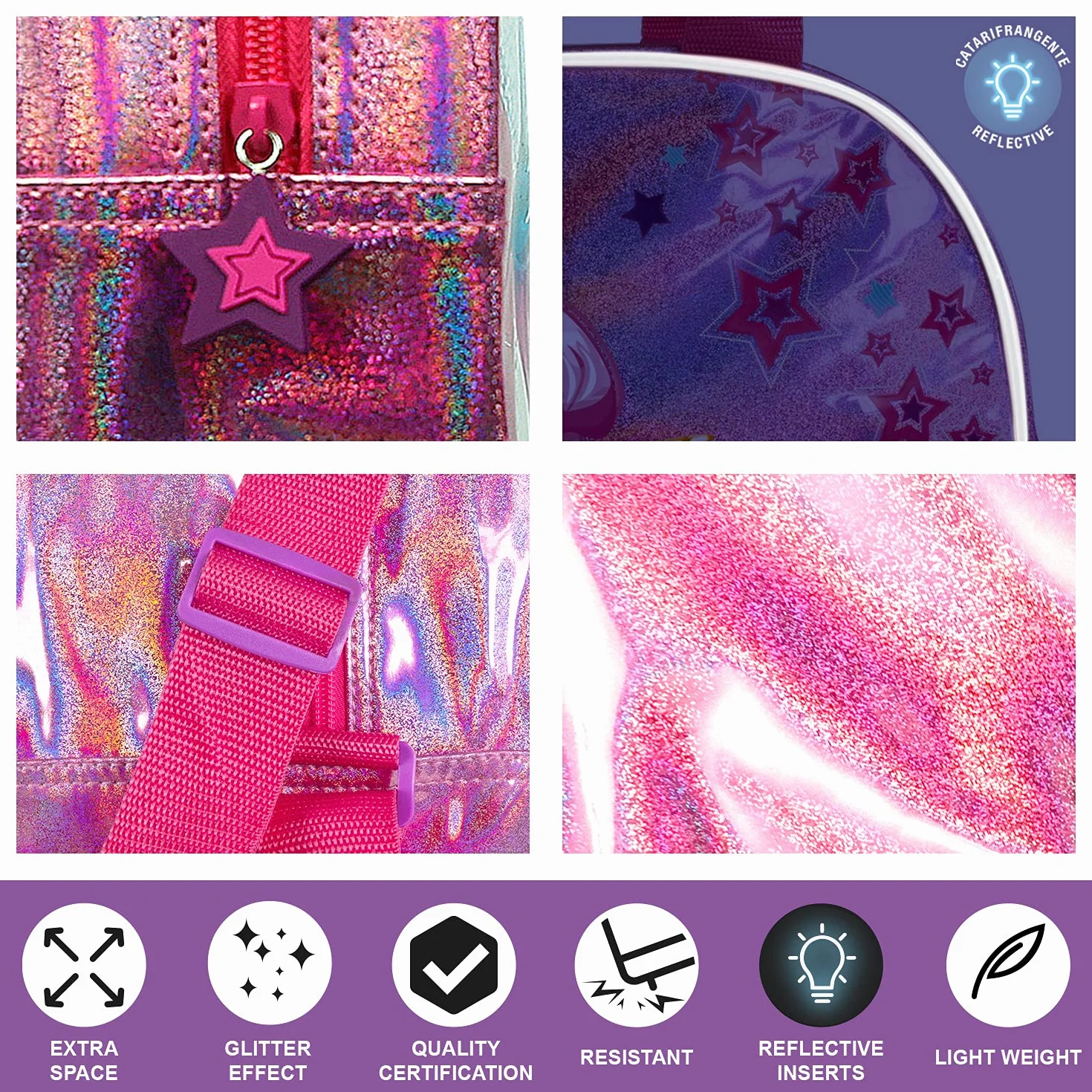 PERLETTI Bolsa Deporte Niñas Bandolera Colorida Mochila Gimnasio Chicas Estrellas Reflectantes 28x41.5x21