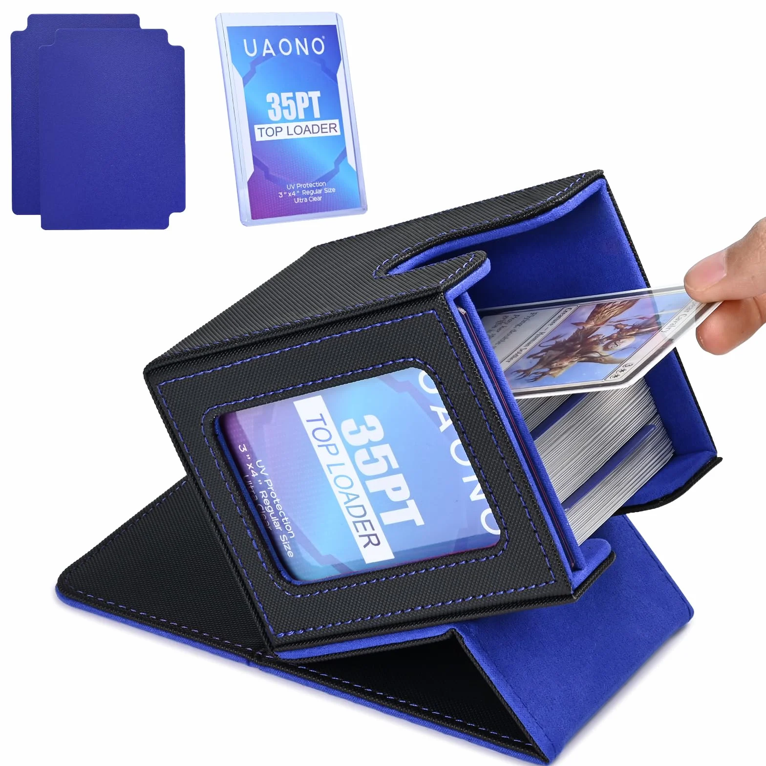 UAONO Caja de cartas con pantalla MTG Commander, funda para más de 100 tarjetas de doble manga, caja de almacenamiento de tarjetas coleccionables para TCG/PTCG/Sports con 2 divisores, 1 cargador