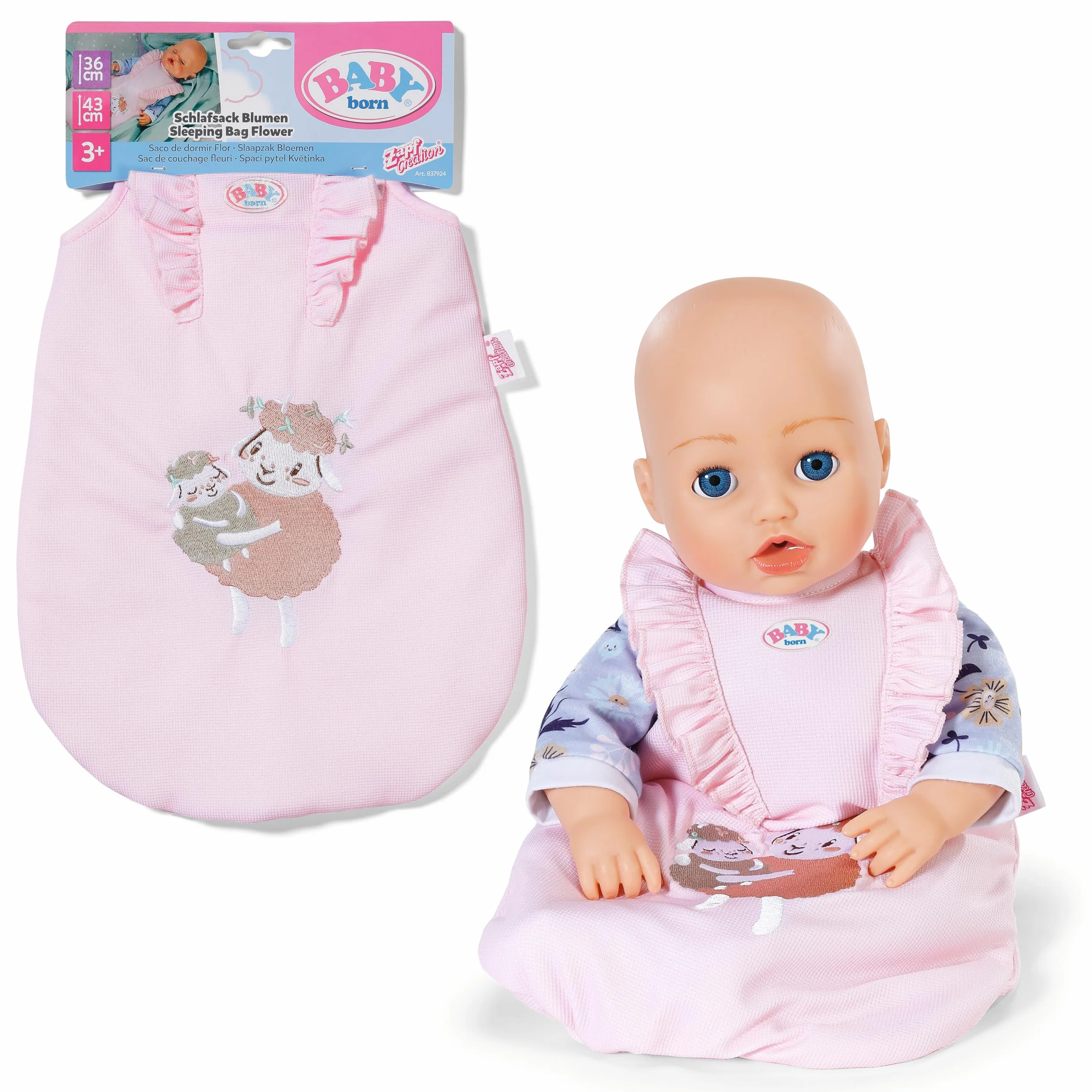 Baby Born Saco de dormir – Saco rosa para muñecas con volantes & cierre de velcro – Accesorio para muñecas – Adecuado para muñecas de 36 cm & 43 cm