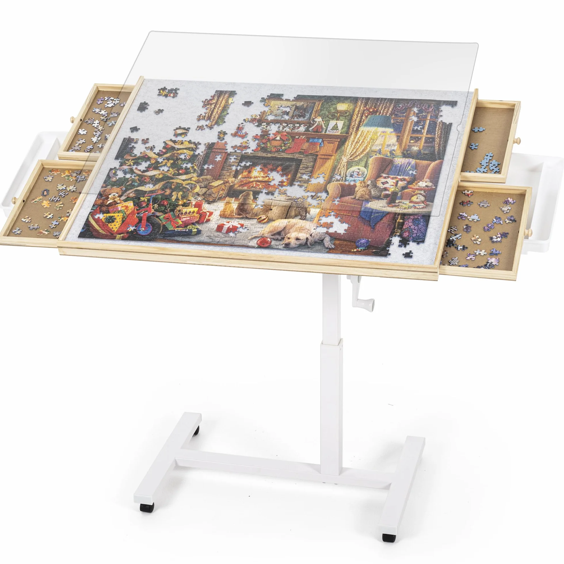 ROPODA Mesa Puzzle de 1500 Piezas, Tablero de Rompecabezas con Ajuste de Ángulo y Altura, Mesa de Rompecabezas con Seis Cajones, Tapa y Cuatro Ruedas, Puzzle Table con Pedestal Único, 89 x 68 cm