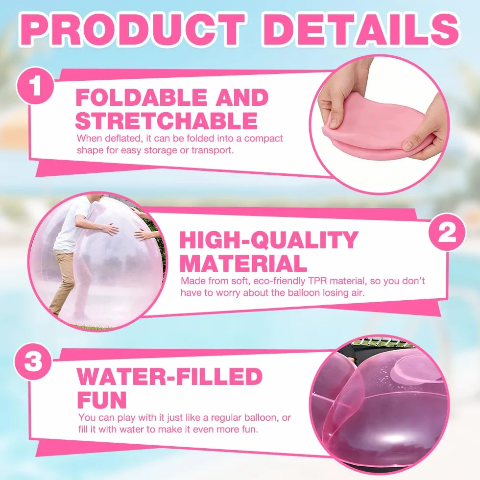 Bubble Ball XXL, HOVCEH 120cm Pelota Wubble Bubble Ball, TPR Transparente Reusable Pelota Hinchable Gigante para Playa, Jardín (Rosa)