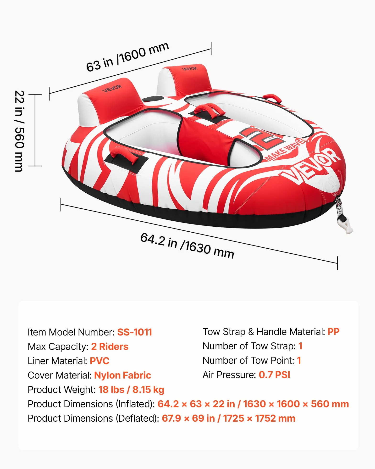 VEVOR Flotador de Arrastre Inflable para Deportes Acuáticos 163 x 160 x 56 cm, 2 Personas, 154 kg, Rojo