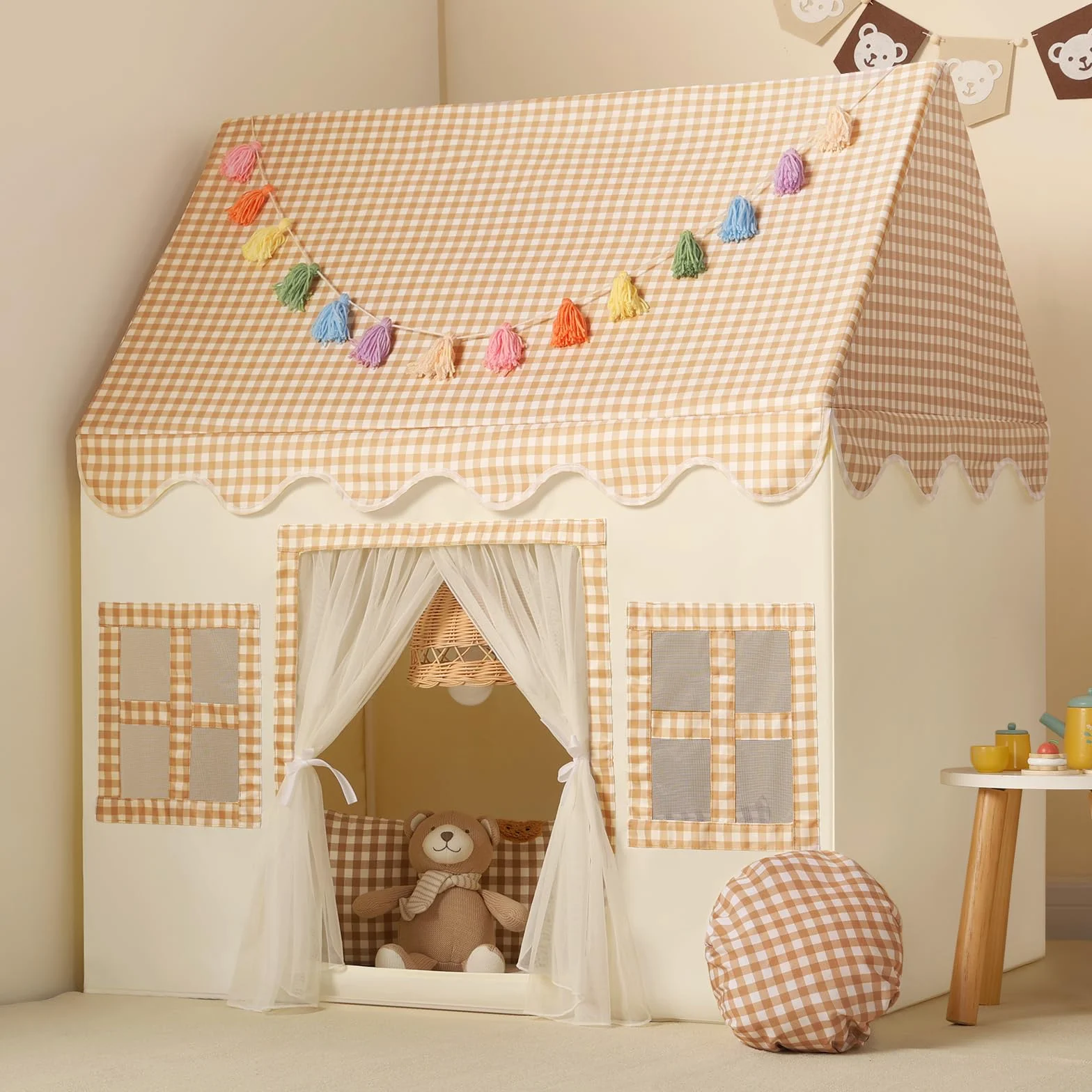 Wilwolfer Tienda de campaña Infantil: Jugar en Interiores y Exteriores - Tipi Casita Infantil con Guirnalda de borlas y Alfombra - Casa Grande para Niñas y Niños