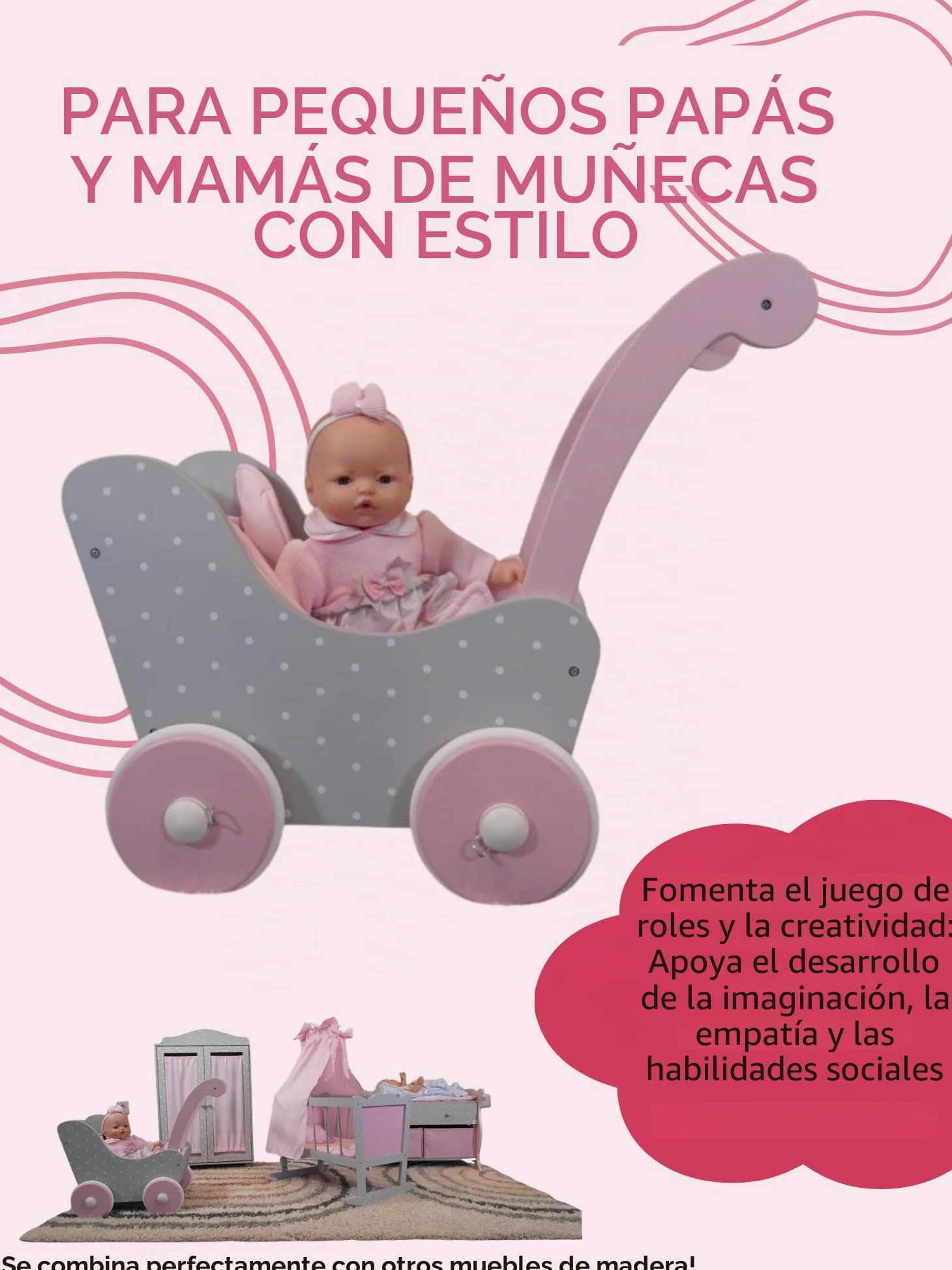 Cochecito de Madera para muñecas de bebé de hasta 54 cm, Carrito de muñecas de Madera, Altura de Empuje 43 cm, Puntos Grey