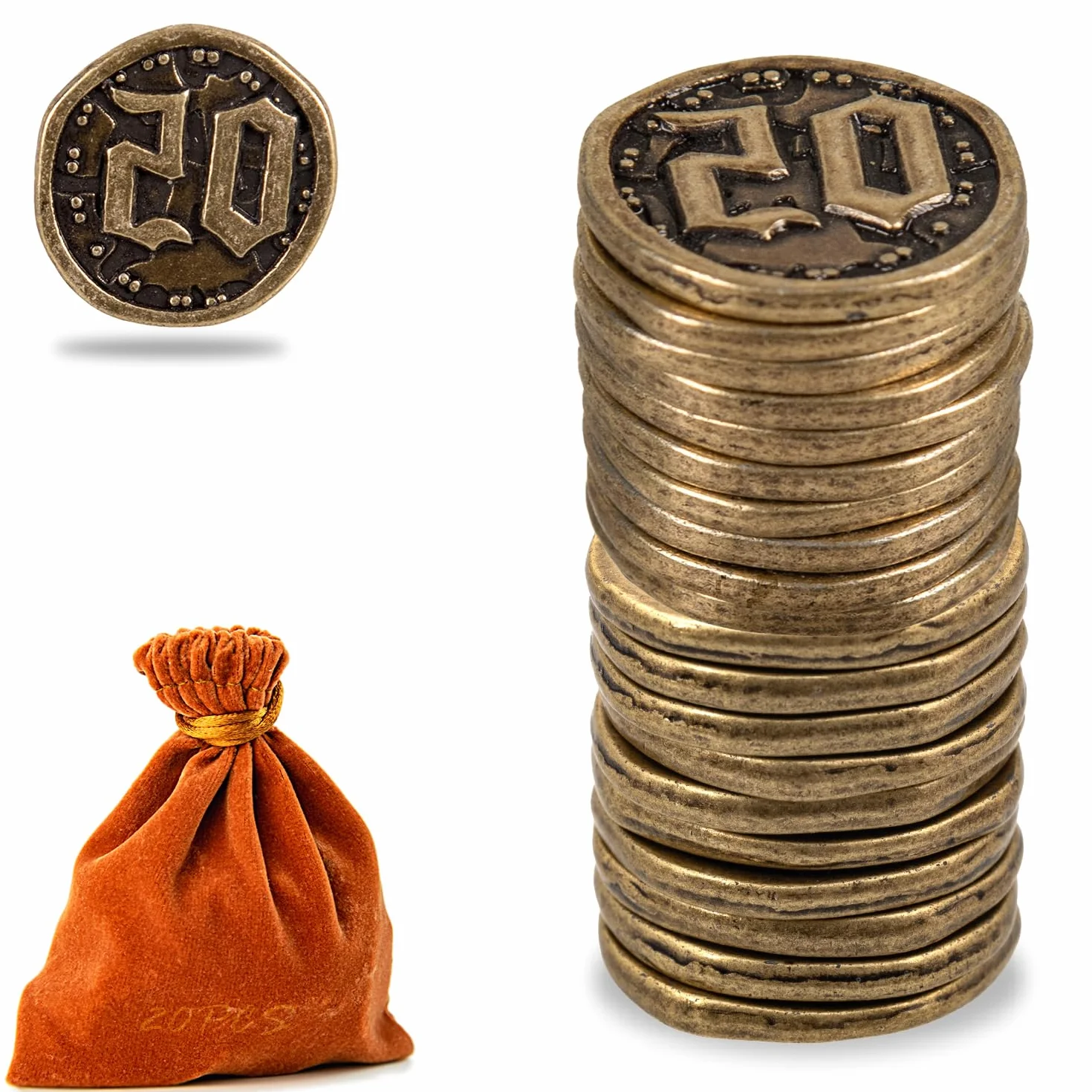 Monedas de metal para juegos de mesa, 20 fichas del tesoro para póquer, RPG, juegos de mesa de estrategia, moneda de fantasía, moneda genérica resistente (bronce, valor 20 monedas)