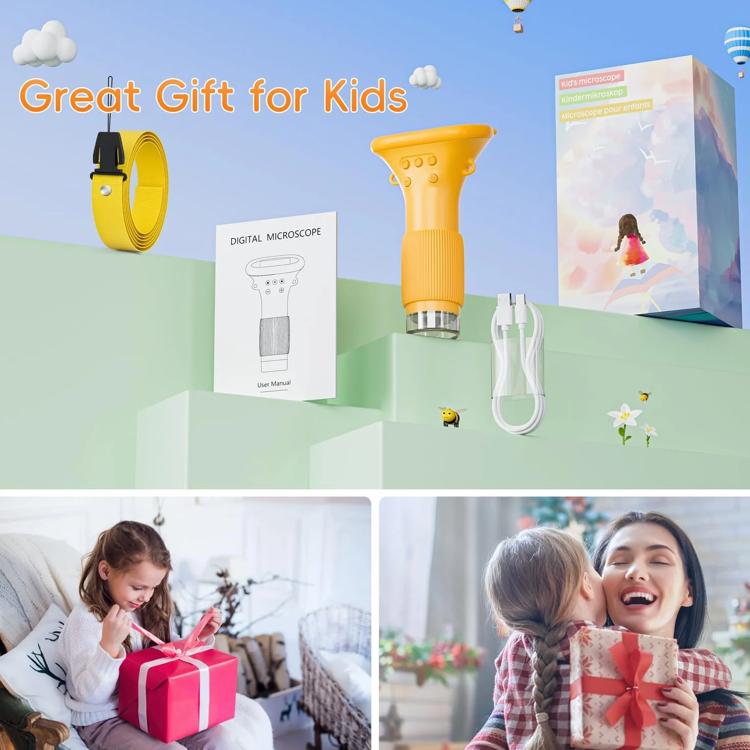 SGAINUL Microscopio Digital para Niños con Pantalla IPS de 2.0'', Recargable 1000x, Electrónico con 8 Luces LED - Regalo para Cumpleaños/Navidad/Año Nuevo（Naranja）