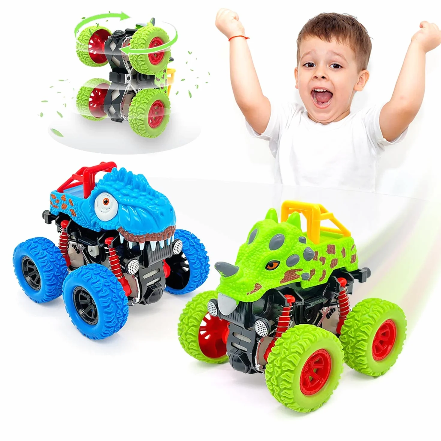 Coches para Niños 2 Años, Pack de 2 Dinosaurios Coches Juguetes Niños 2 3 Años con Impulsados Fricción, Monster Truck Coches Cars Camion Juguete Regalos Niños 2 3 4 5 Años