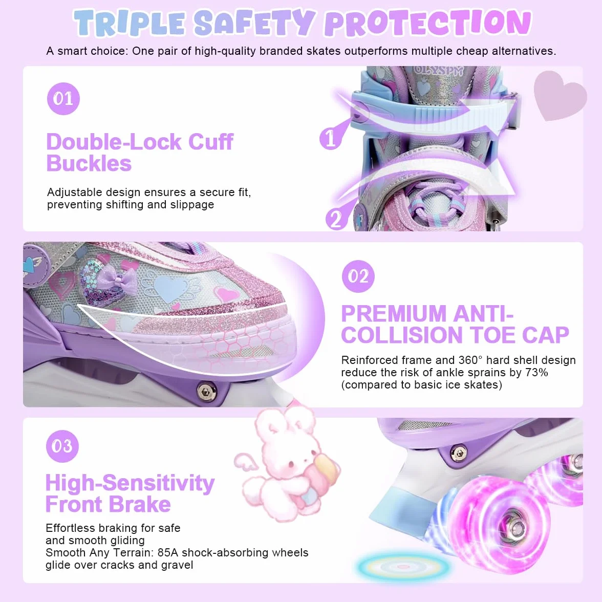 Patines 4 Ruedas Niña con Ruedas Luminosas, 4 Tallas Ajustables, Patines para Principiantes