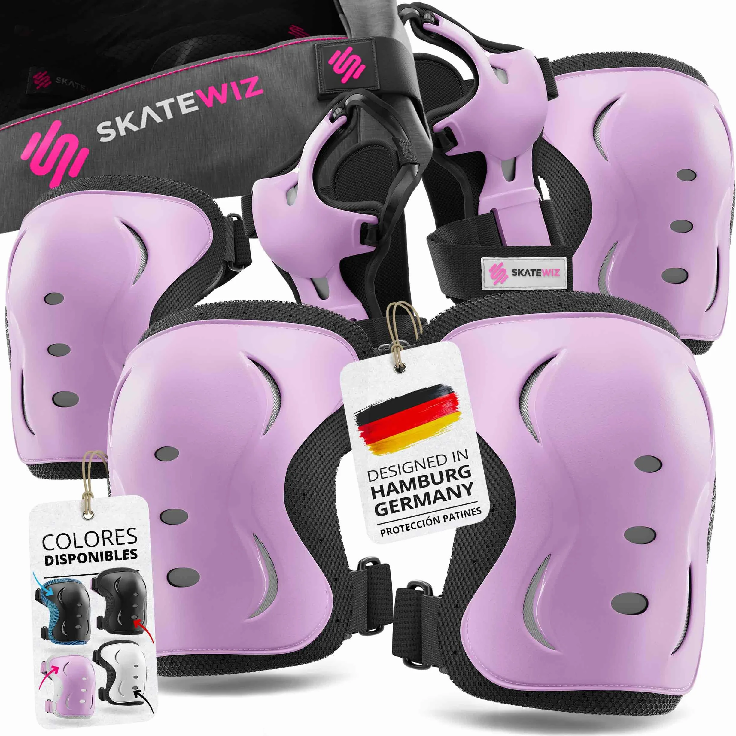SKATEWIZ Protecciones Patines Set 6 Piezas Rodilleras Coderas Muñequeras Niño Niña Adolescentes Adultos