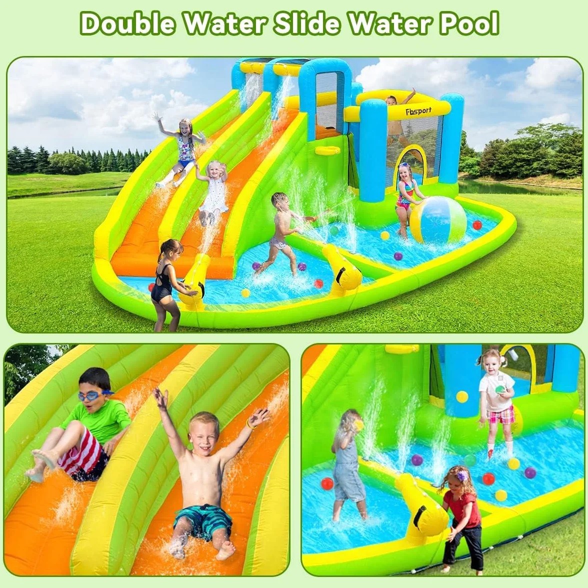FBSPORT Castillo Hinchable Grande con Ventilador para niños Grandes tobogán seco y de Agua, Adecuado para niños, Castillo Children's Bouncy para Uso Interior o Exterior