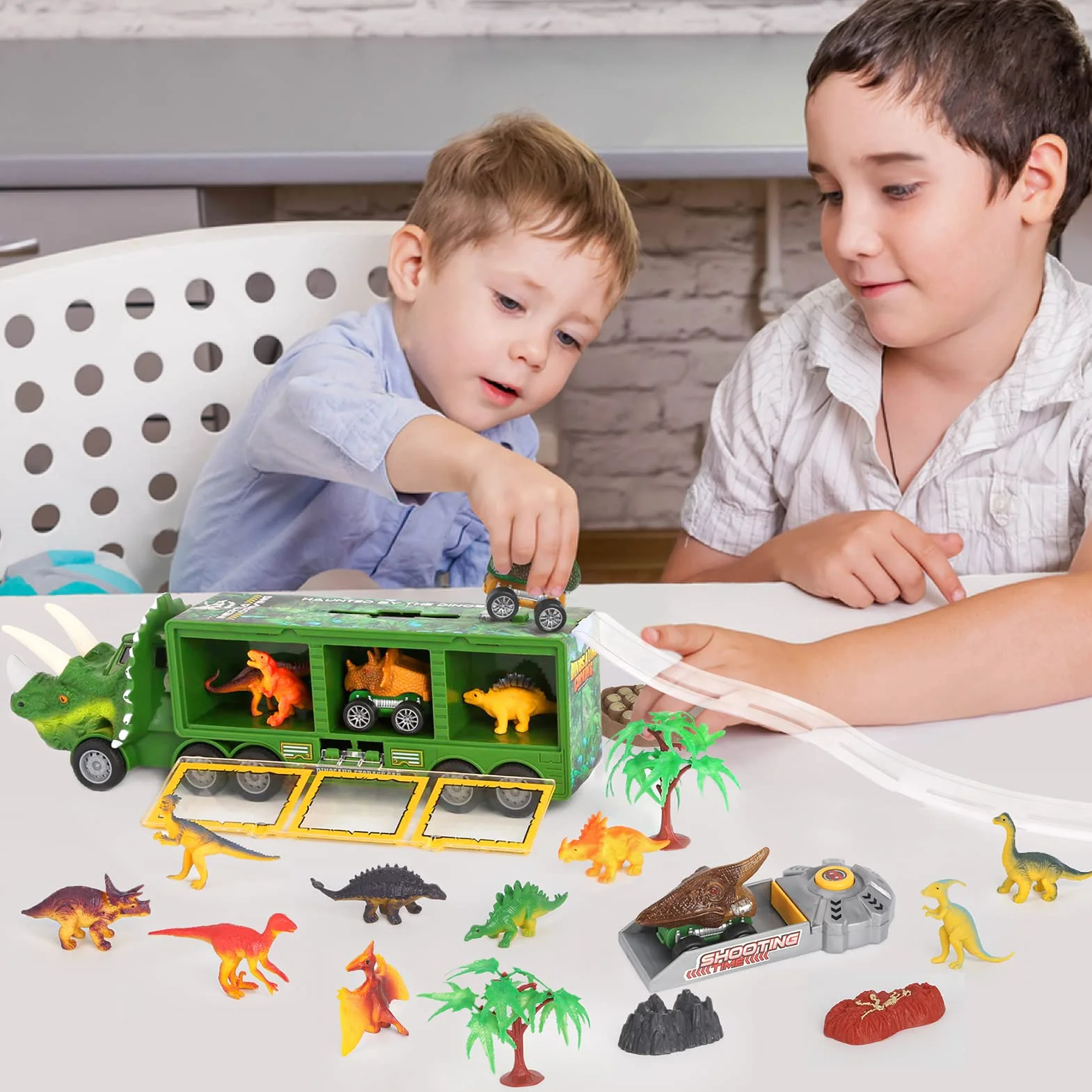 DINORUN Camión Transportador de Dinosaurios Juguetes Coches de Juguetes con Luz y Sonido para Niños y Niñas