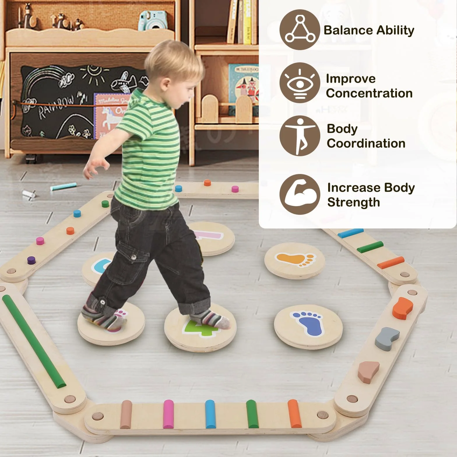 Juego de vigas de equilibrio de madera para niños de 3 a 6 años, 6 piezas de barras de equilibrio Montessori con piedras escalonadas, equipo de entrenamiento para interiores y exteriores